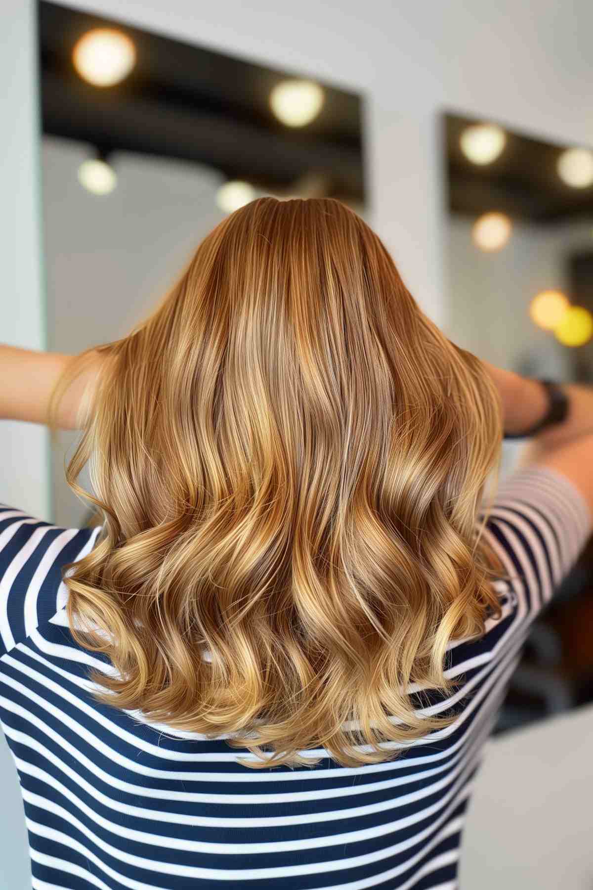 Back view of caramel blonde waves with warm, natural tones