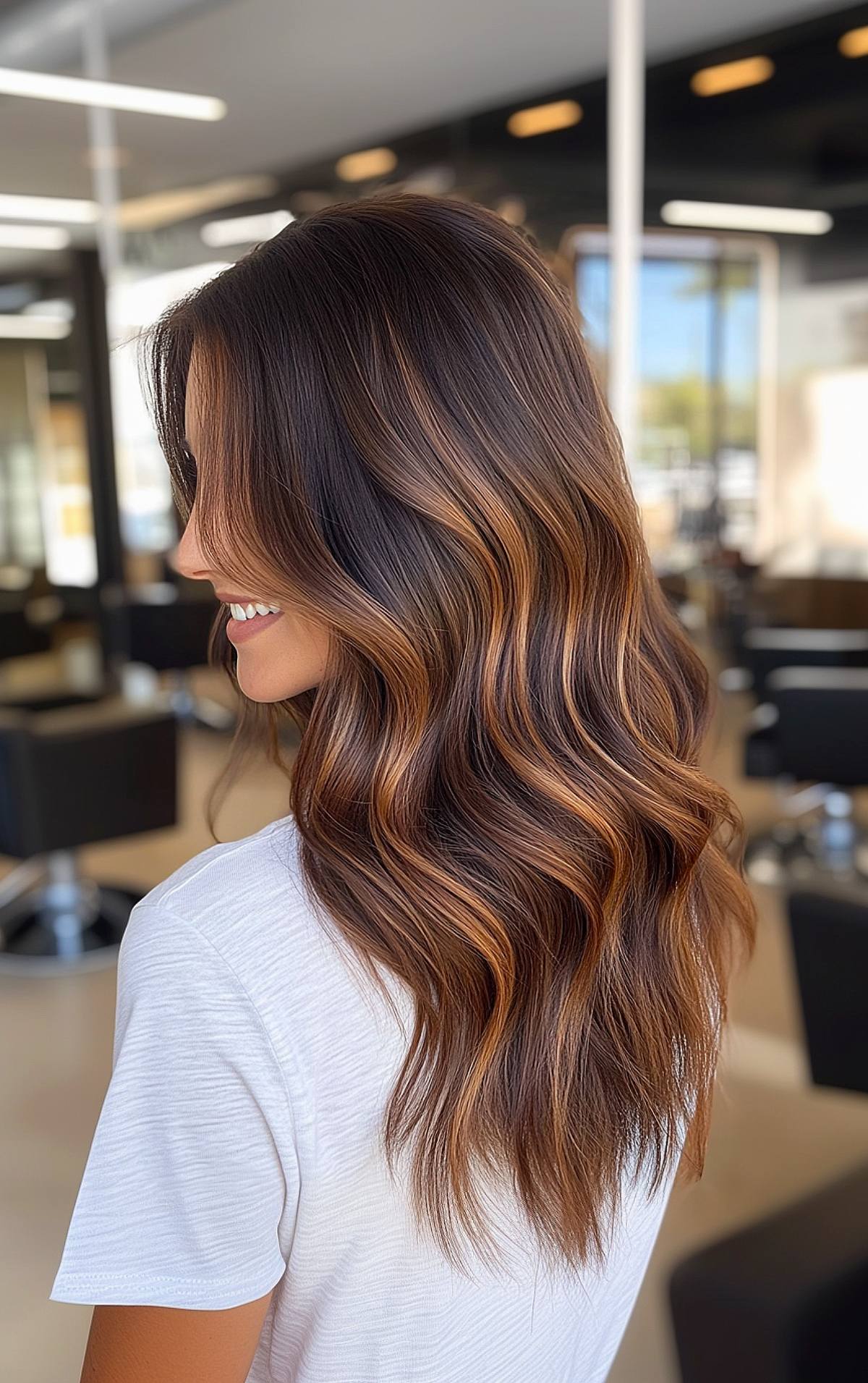 Brown hair with caramel highlights and soft waves