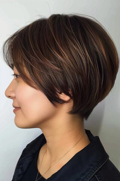 A Short Wedge Haircut with Caramel Highlights and Textured Layers