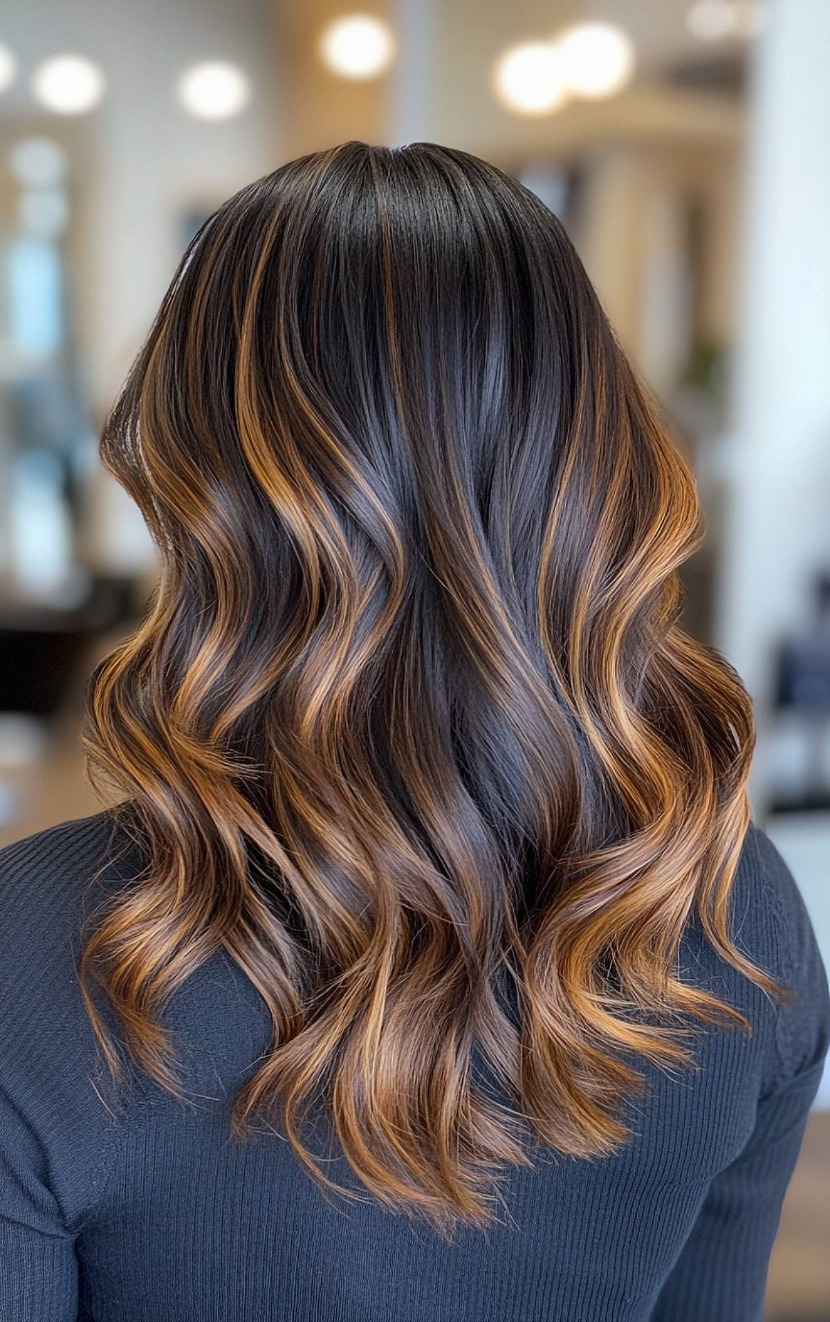 Medium-length wavy hair with dark brown and caramel balayage highlights