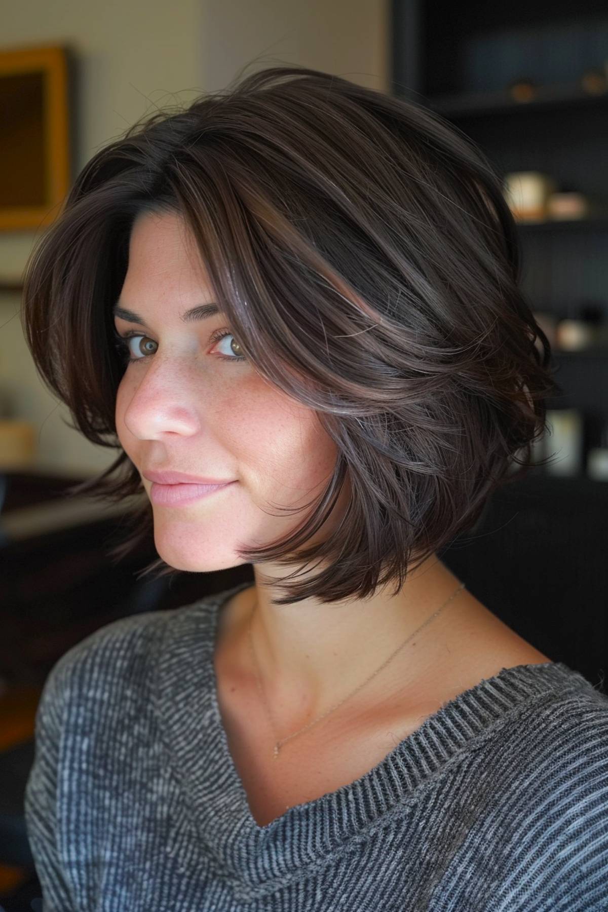 Jaw-length layered bob with highlights for fine hair