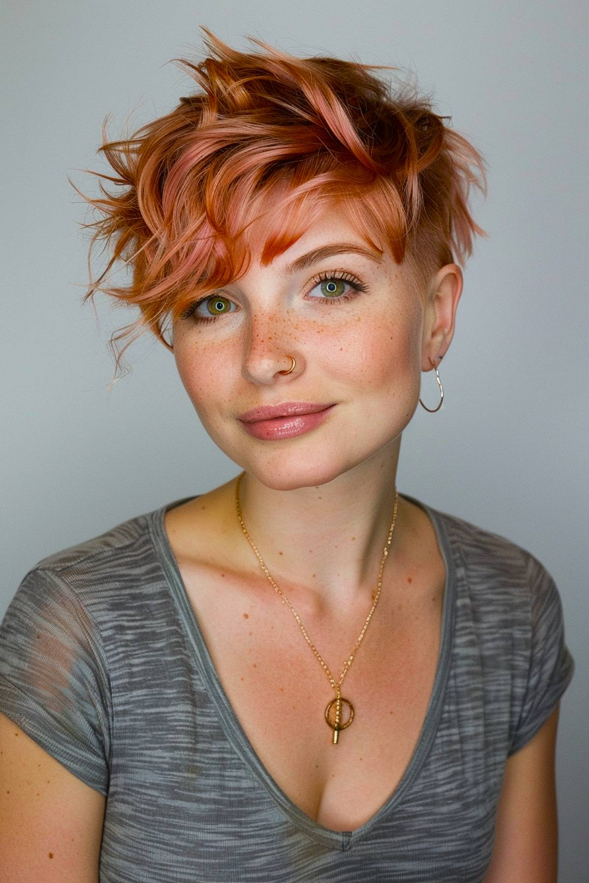 Strawberry blonde wavy pixie cut with layered top