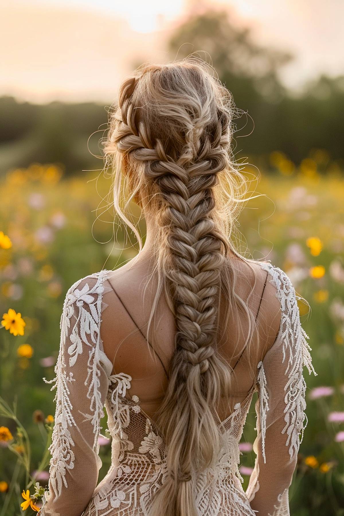 Fishtail braid with cascading waves on long hair