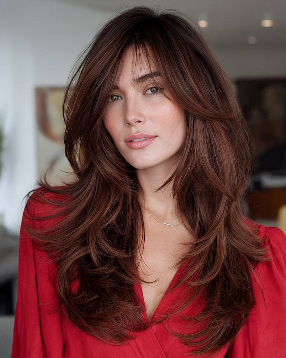 Long layered brunette haircut with cascading flicked ends and face-framing bangs