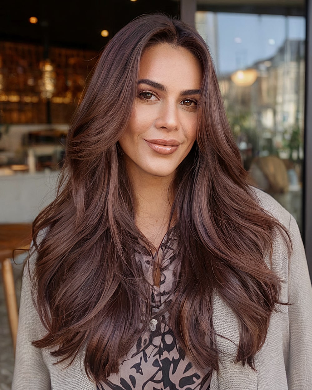 Sleek long brunette hair with cascading layers and voluminous blowout finish