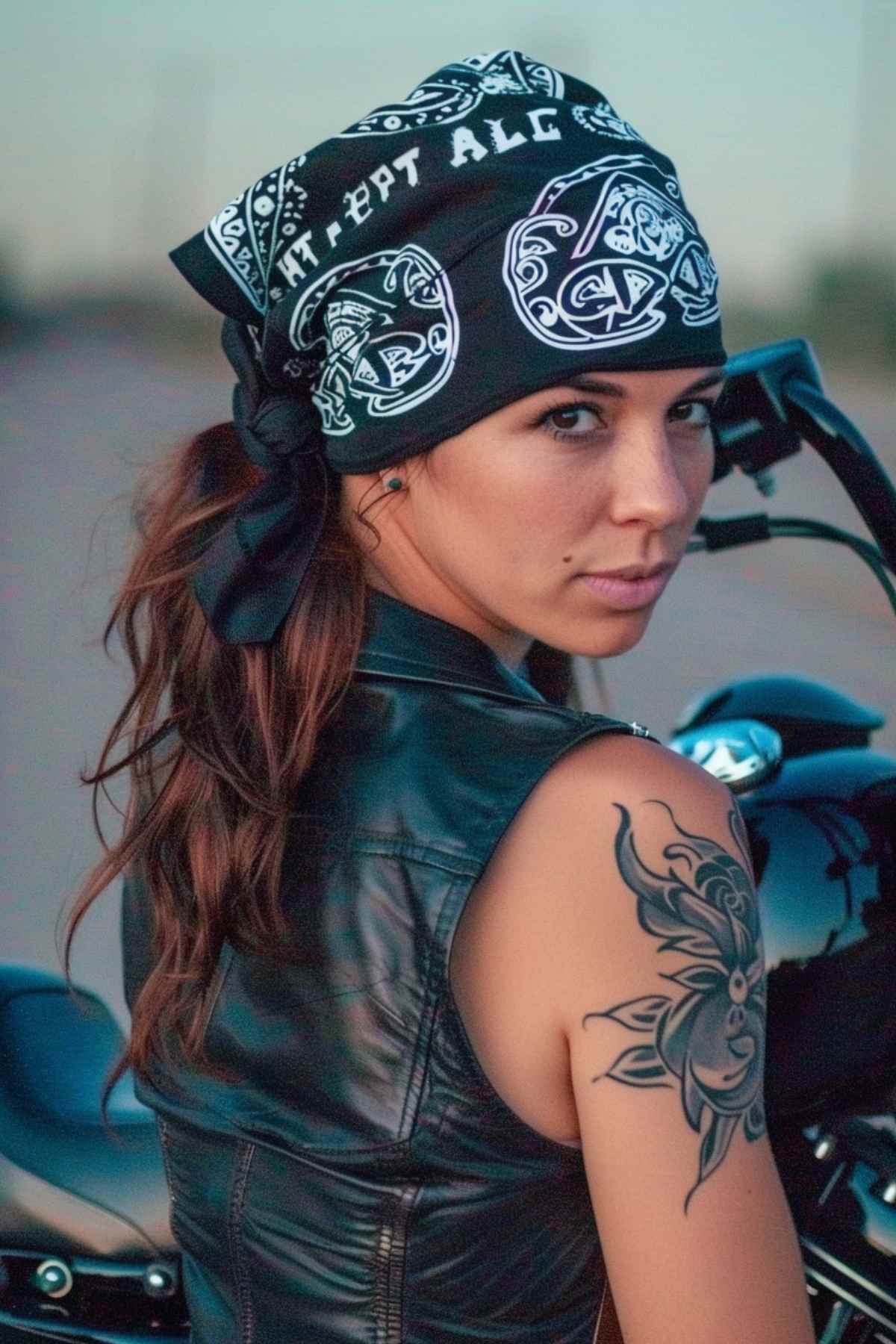 Woman with a casual bandana ponytail in a biker outfit