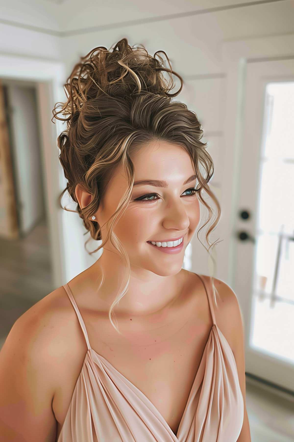 A bride with a casually styled curly bun adorned with playful tendrils, perfect for a relaxed yet elegant occasion.