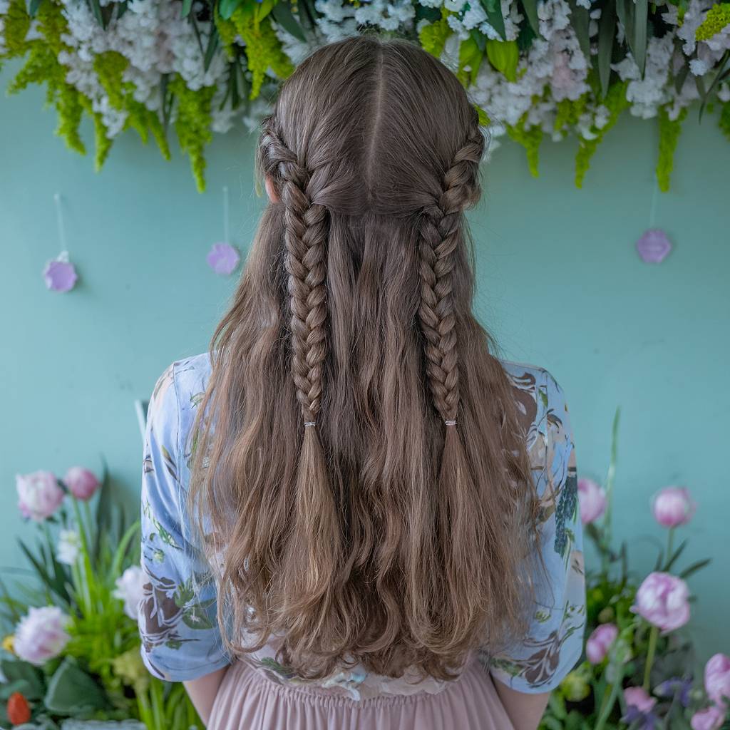 Half-up braided spring hairstyle with two small braids on long wavy hair