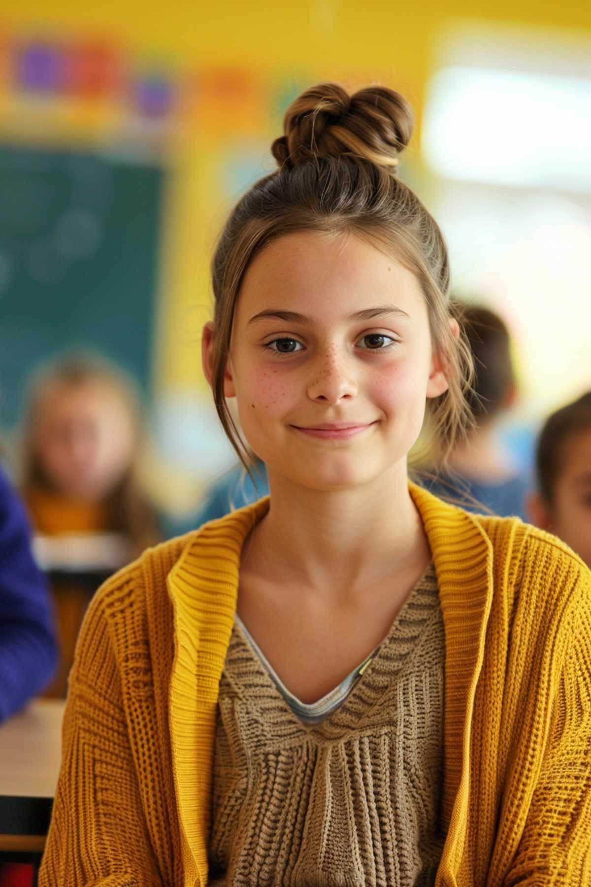 Young girl with a casual high bun hairstyle, wearing a yellow cardigan and a beige sweater