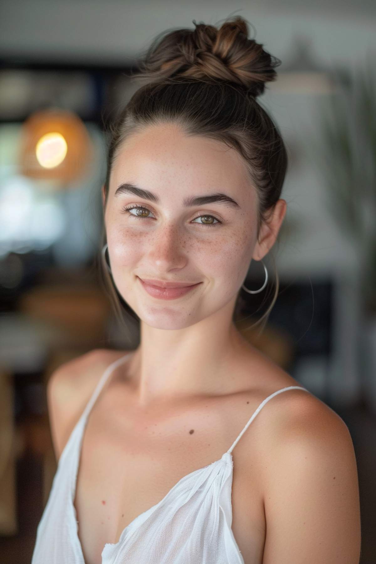 Woman with casual high bun, an easy summer hairstyle