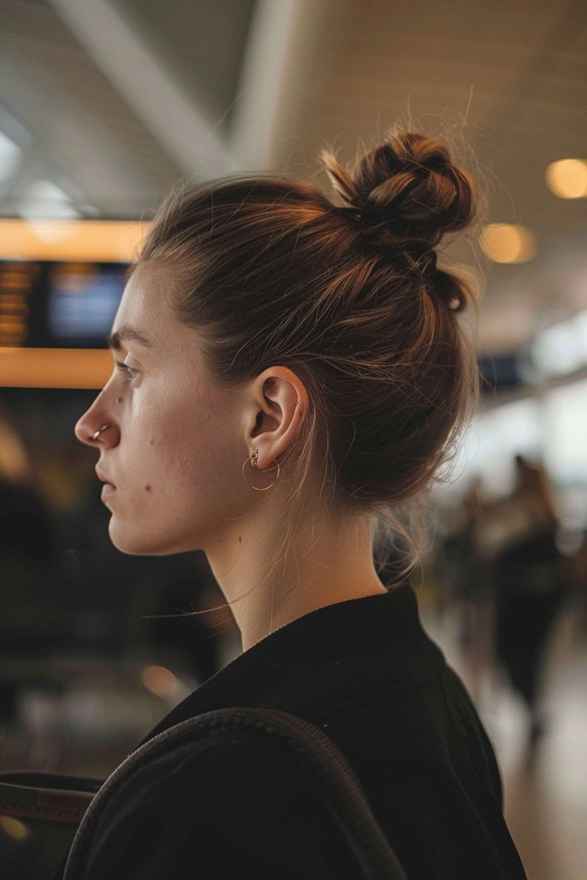 Casual top knot hairstyle for airport travel