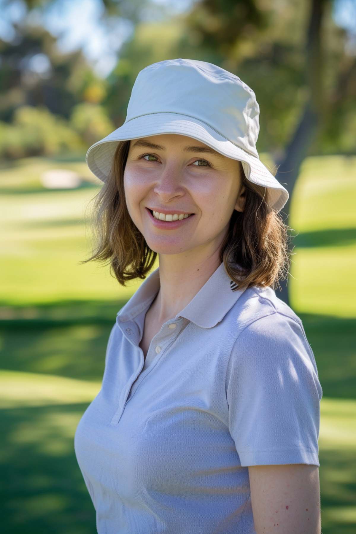 Woman with casual waves and bucket hat, golf hairstyle