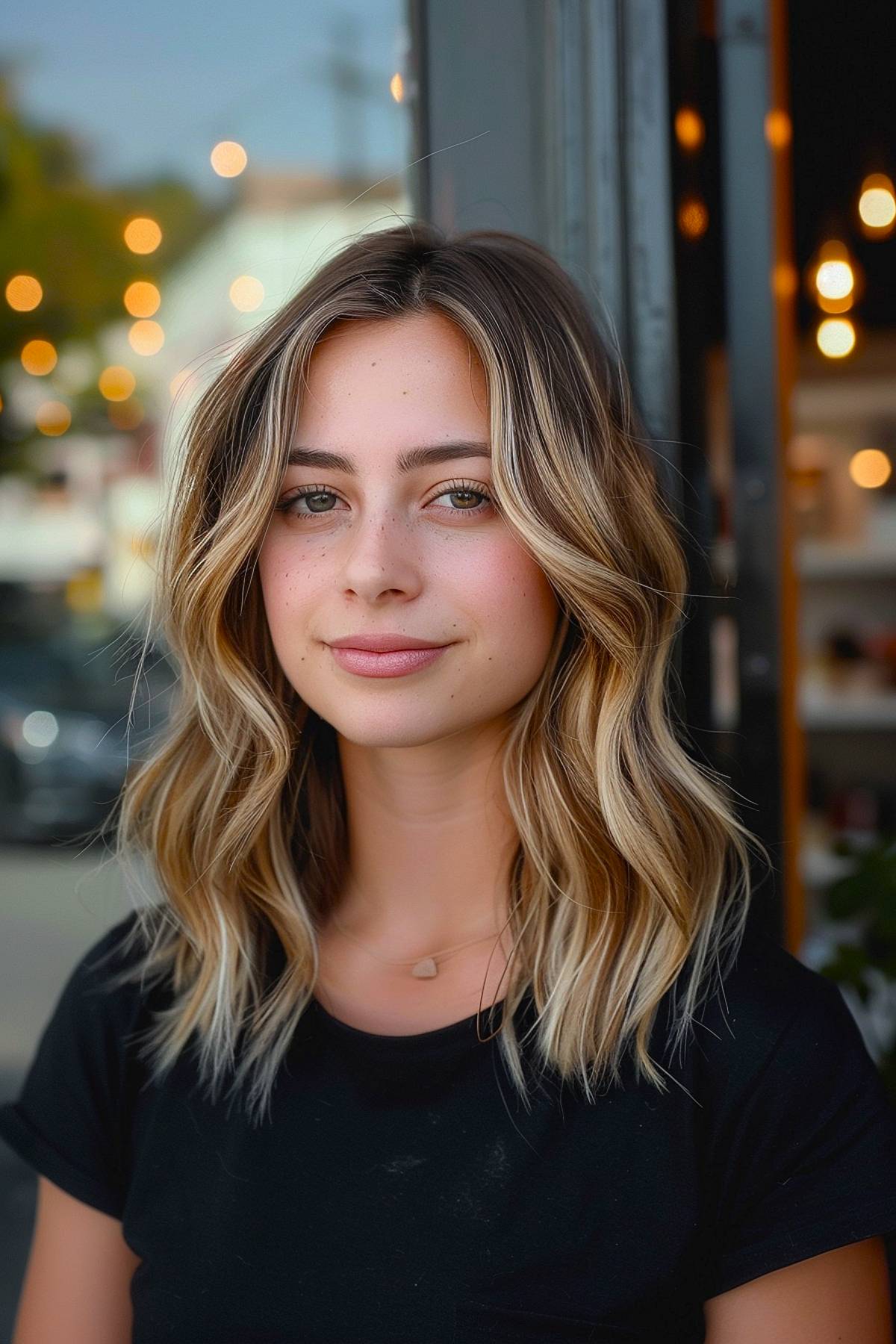 Medium-length casual wavy hair with soft blonde highlights