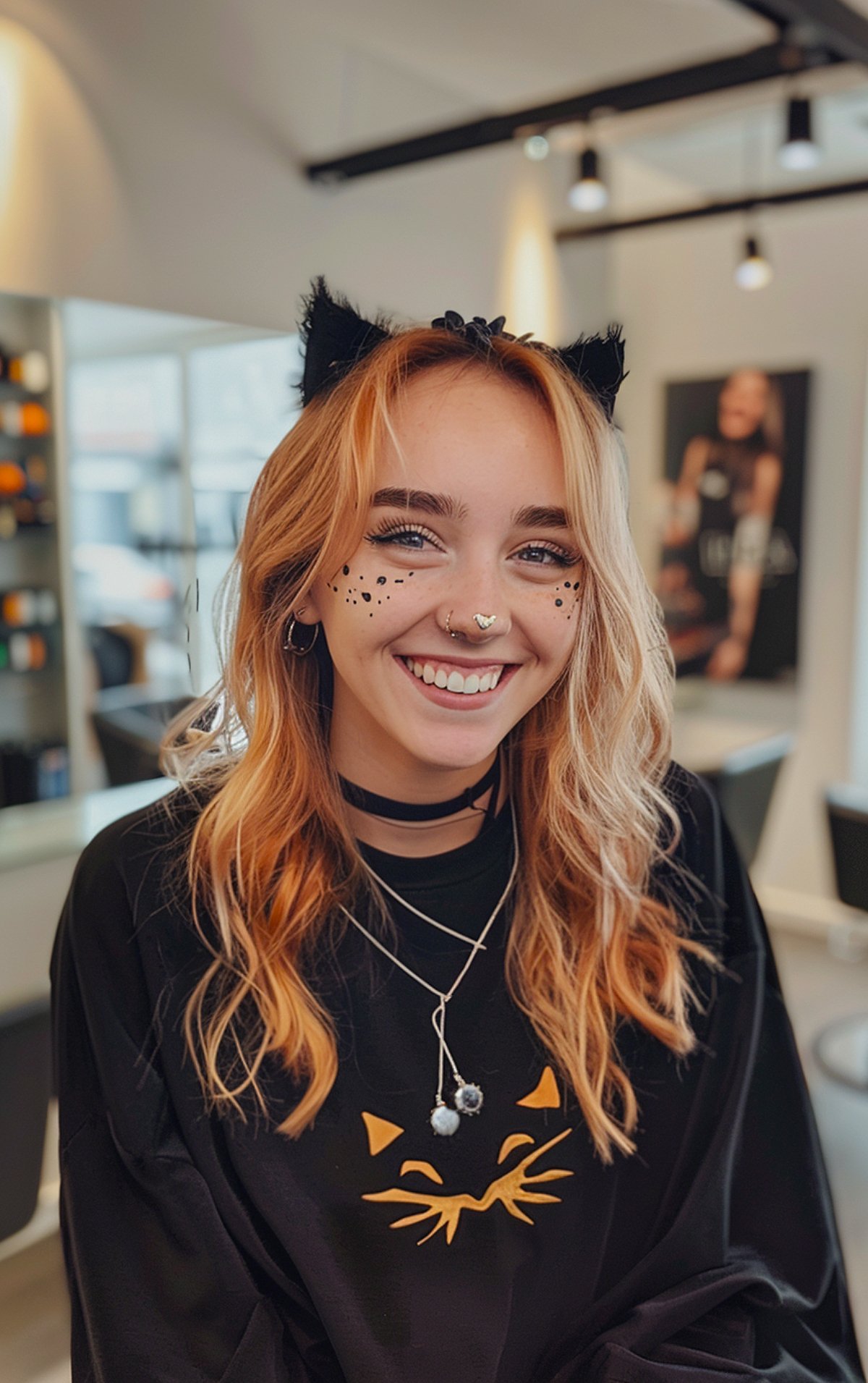 Halloween cat-themed hairstyle with creative waves