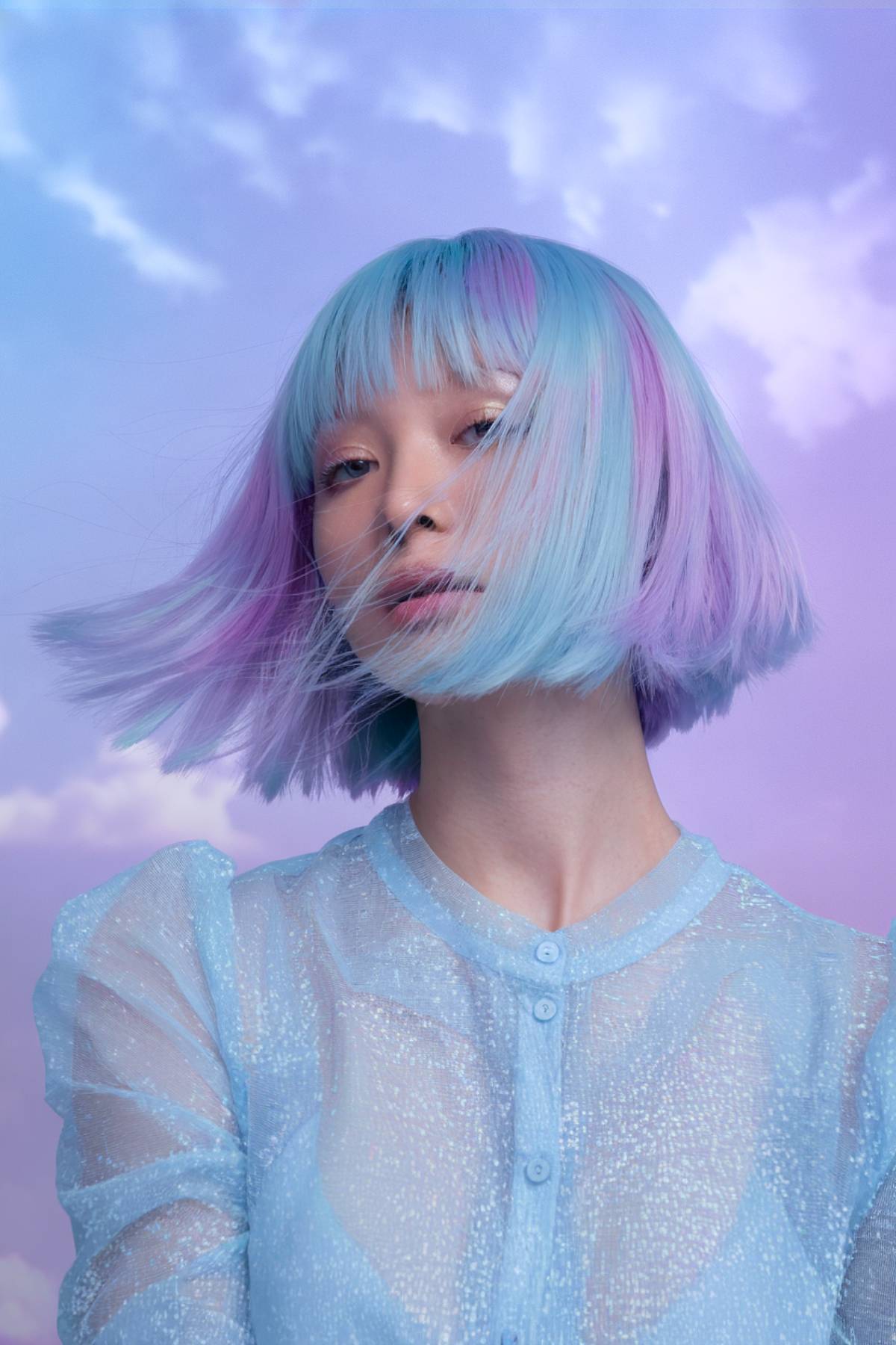 Celestine bob with soft layers and a mix of sky blue, silver, and lavender for an airy, dreamy look