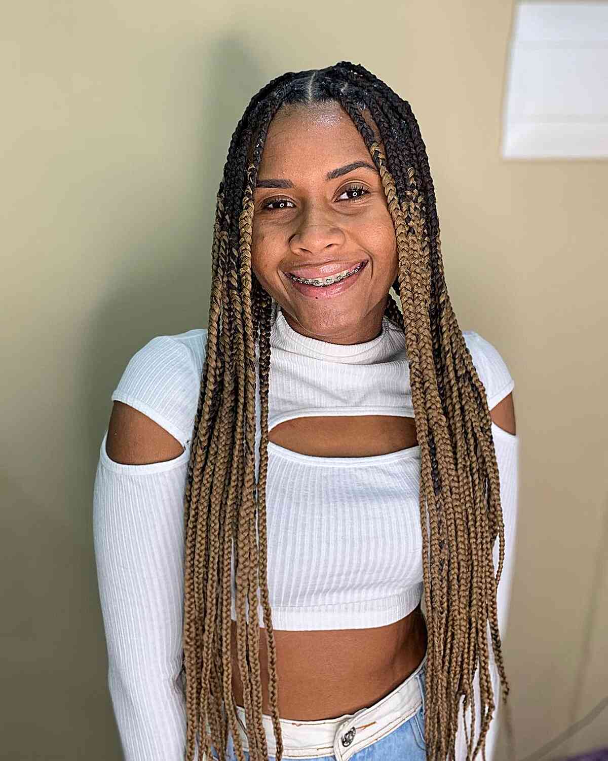 Ultra Long Center-Parted Brown Box Braids without Knots