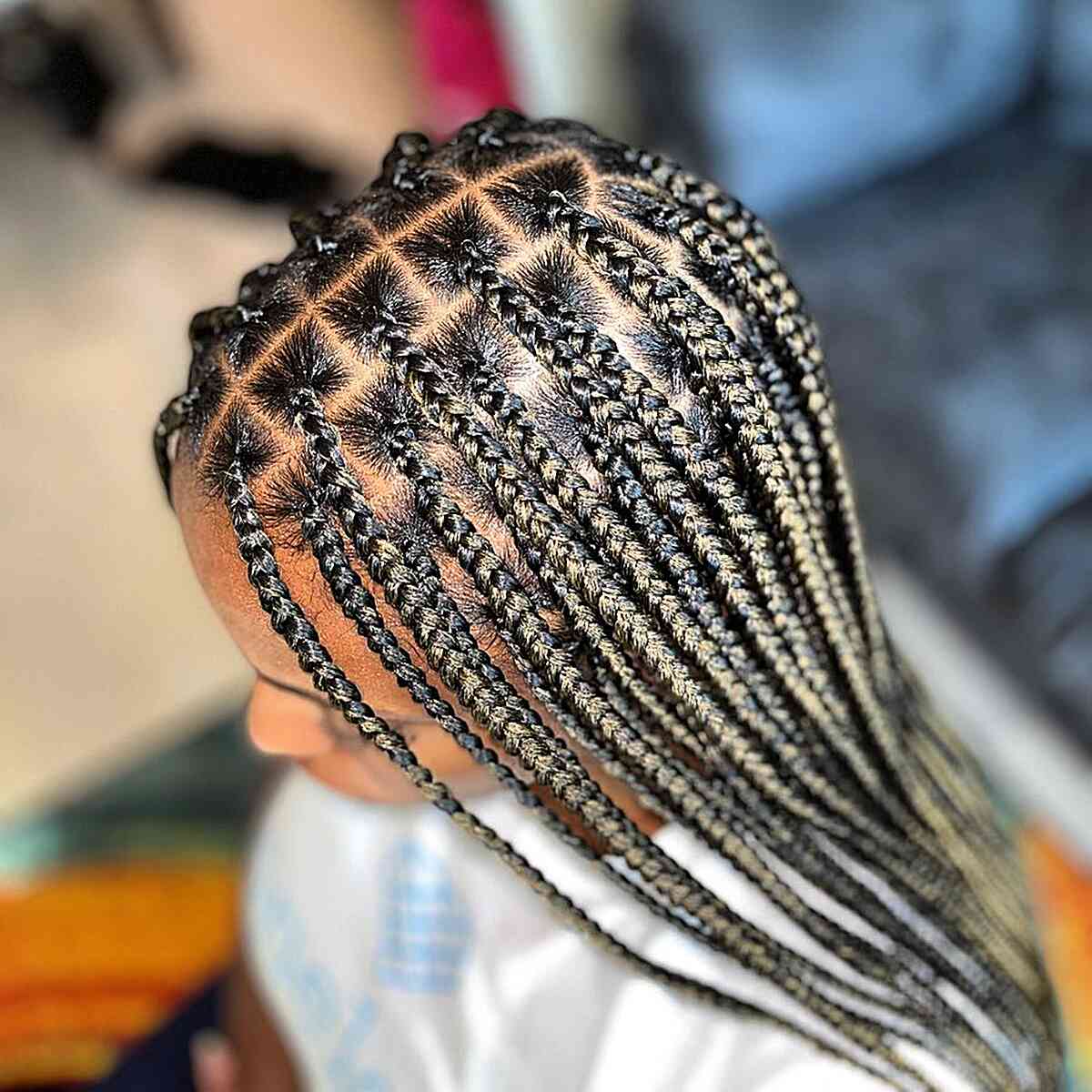 Center-Parted Small Knotless Black Braids with Hints of Blonde