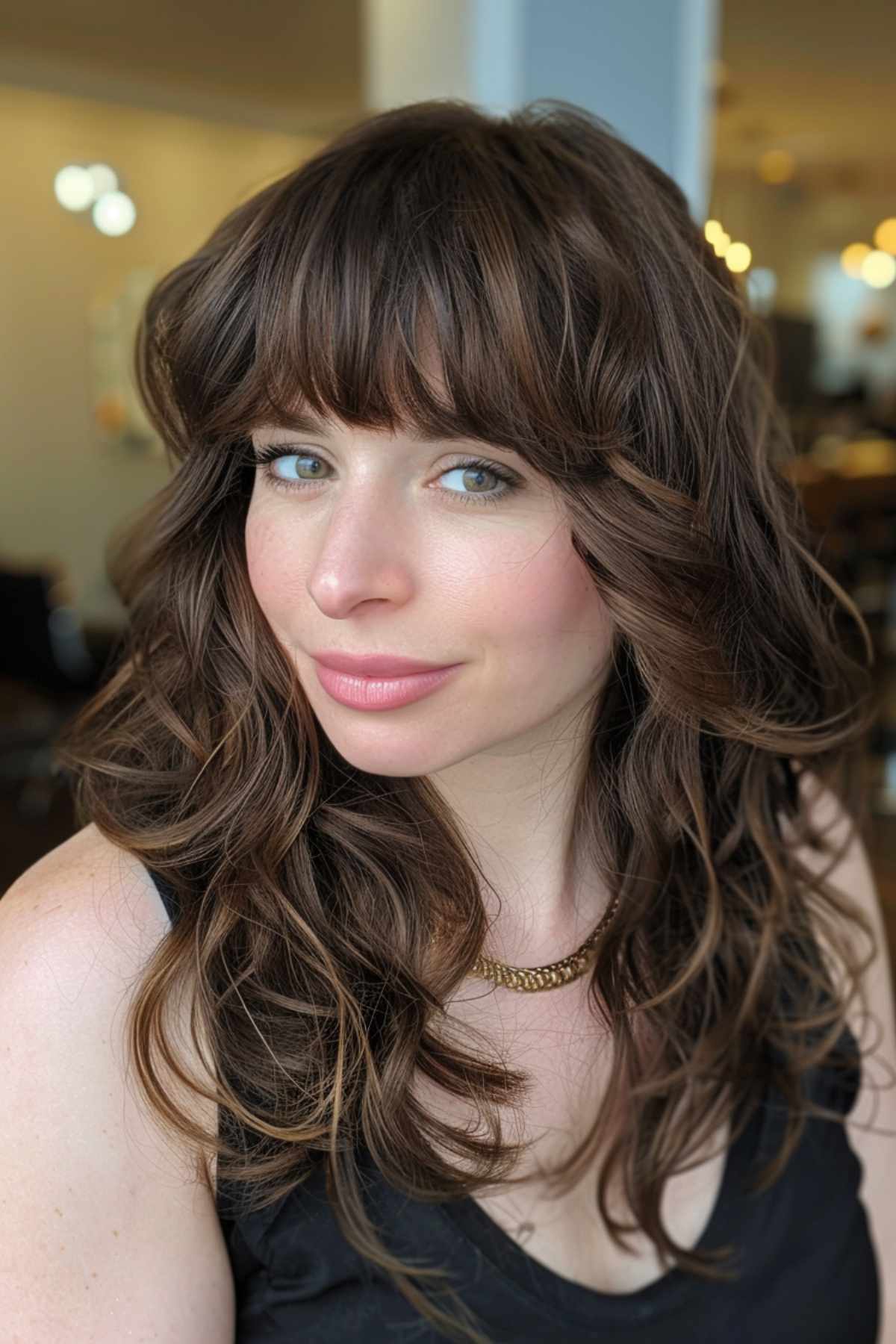 Long, loose waves with flowing voluminous bangs on a woman with medium to thick hair.