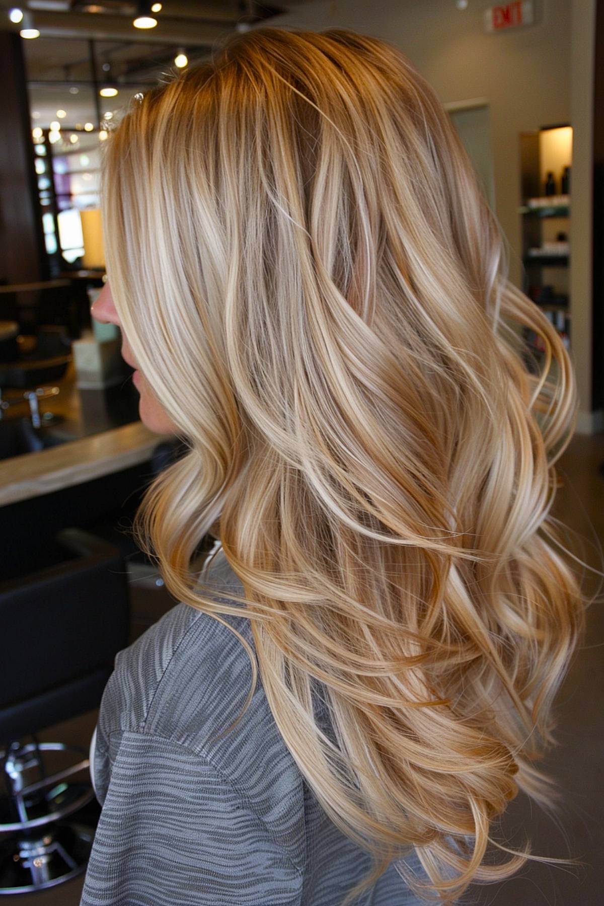 Champagne blonde hair with caramel lowlights