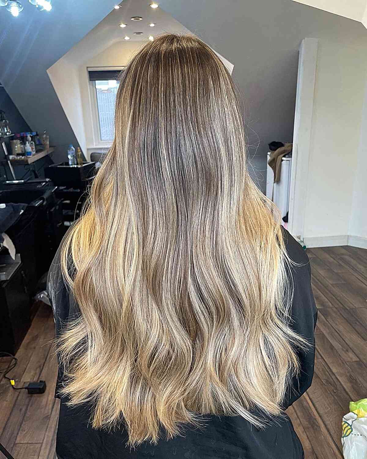 Very Long Champagne Blonde Balayage Hair with Warm Tones