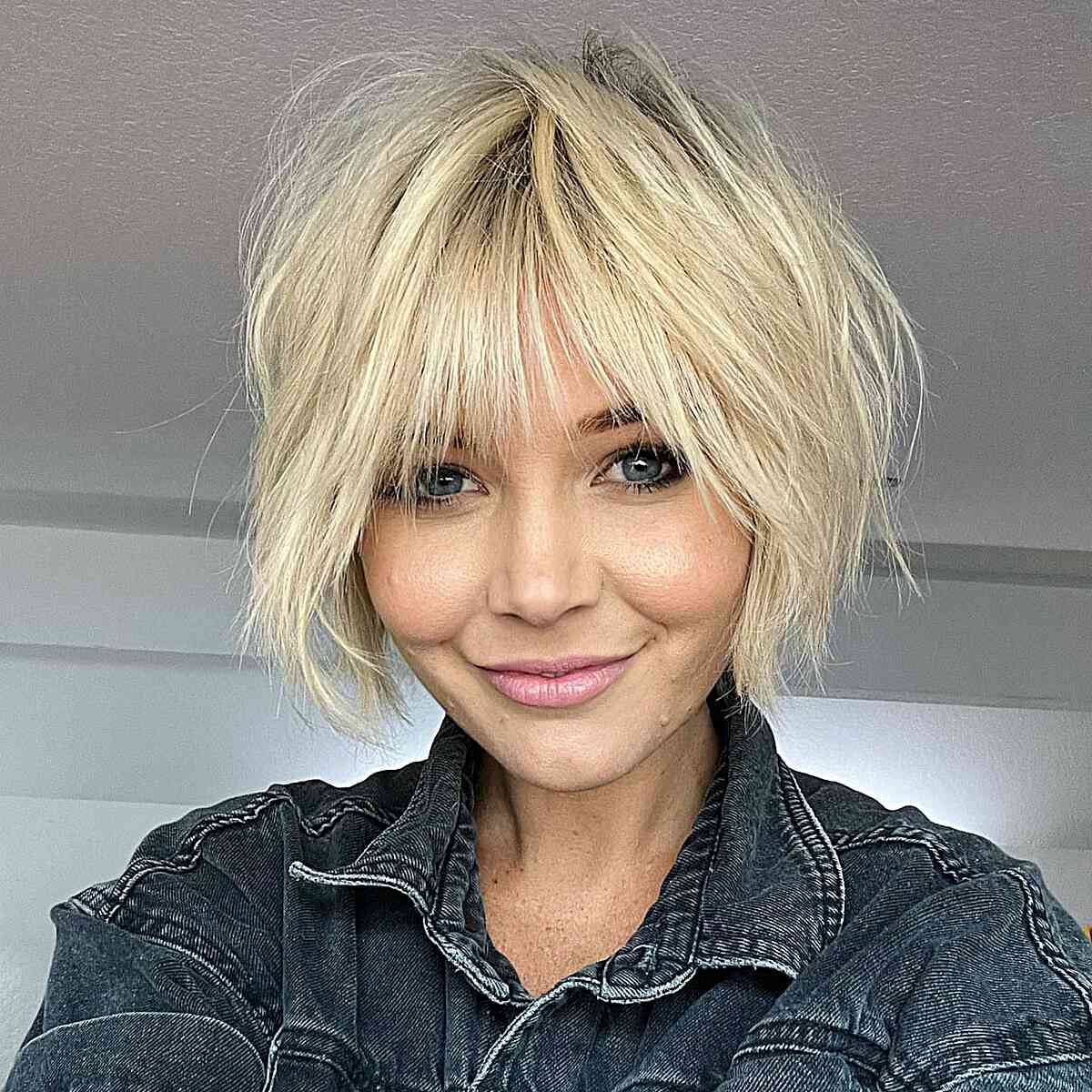 Champagne Blonde Short Cut with Wispy Fringe for girls with textured hair