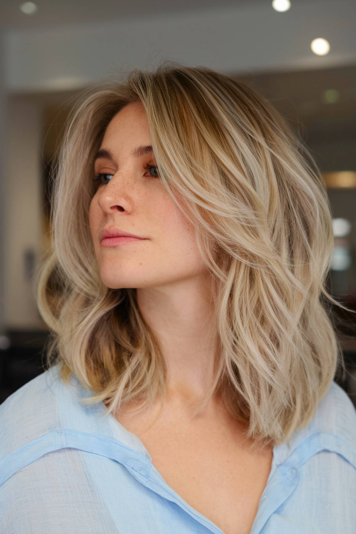 Voluminous layered medium-length haircut with soft champagne blonde highlights and face-framing movement