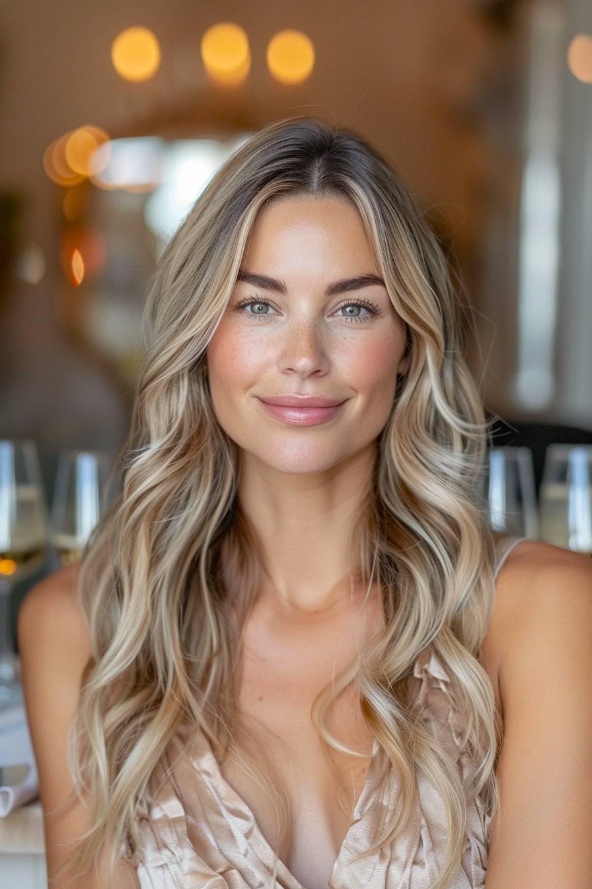 Champagne luxe hair color with soft blonde balayage for glowing layers