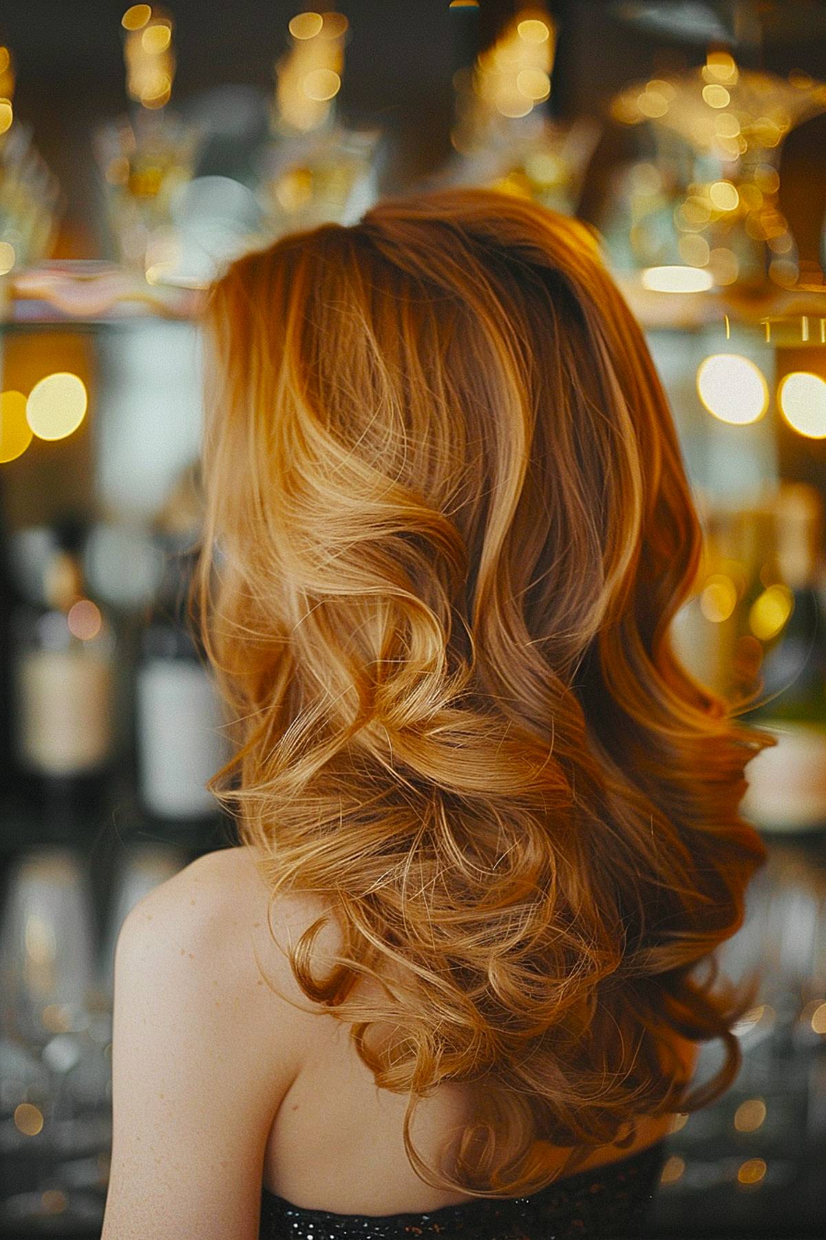 Champashade hair color with champagne highlights on medium brunette curly hair