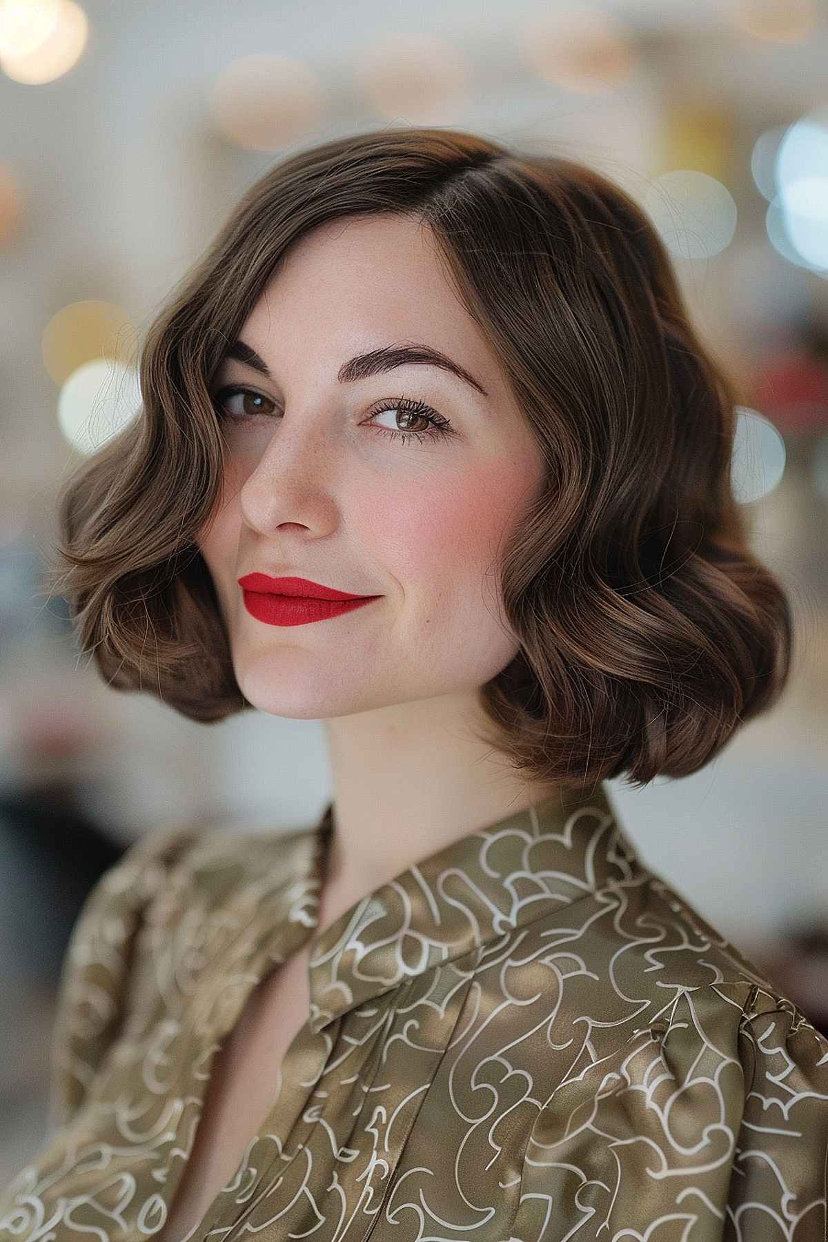 Chin-length Chanel bob with retro-styled waves for a classic look.