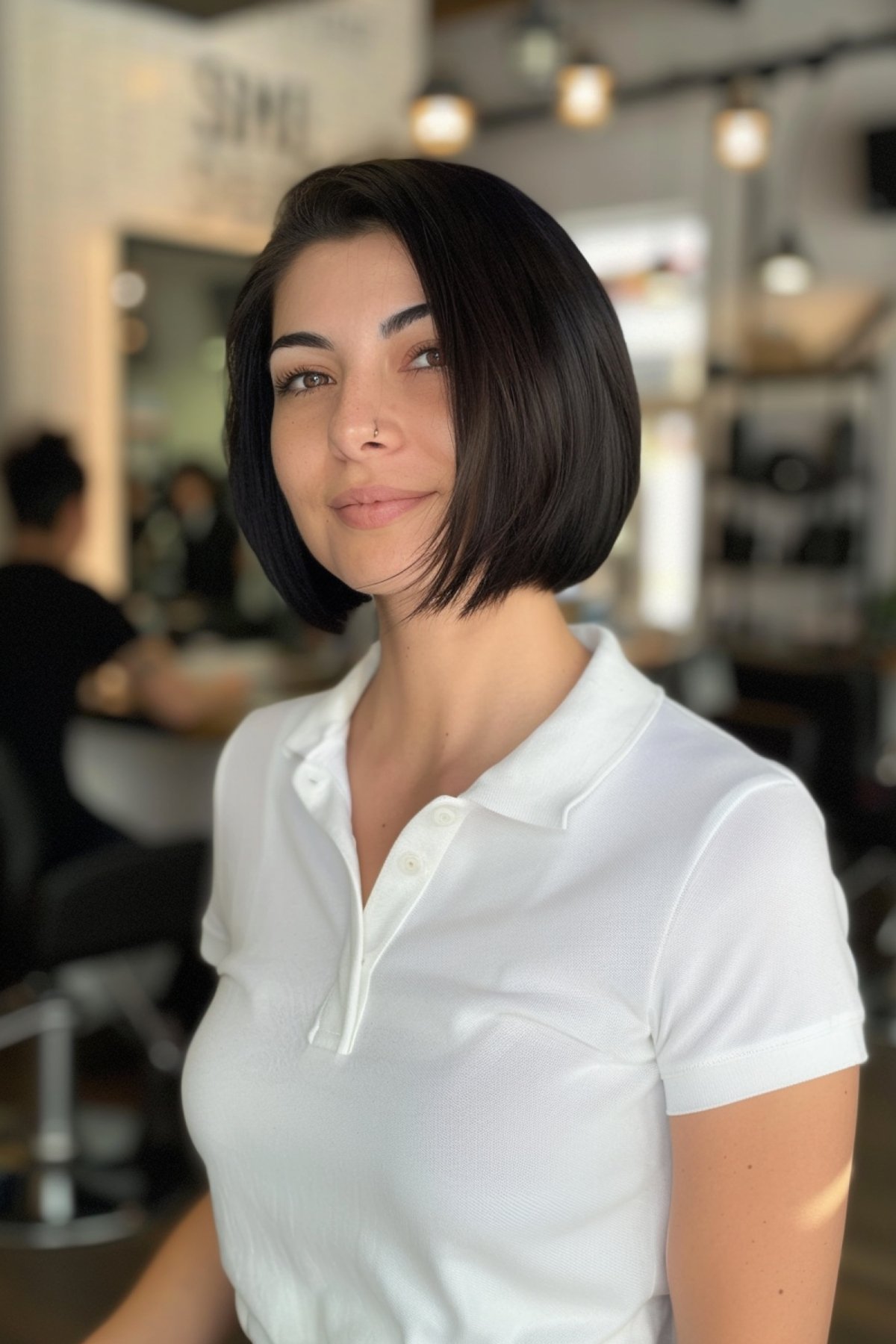 Woman with shiny straight Chanel bob hairstyle for oval face