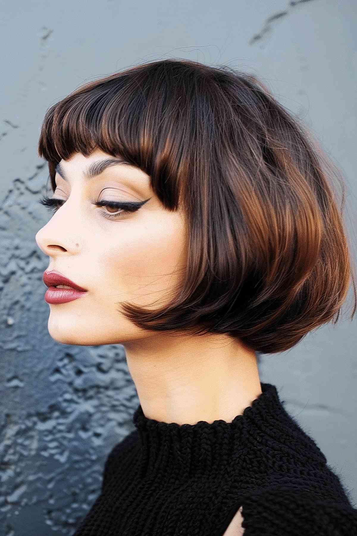 Structured Chanel bob with distinctive, straight-across bangs and a rounded silhouette.