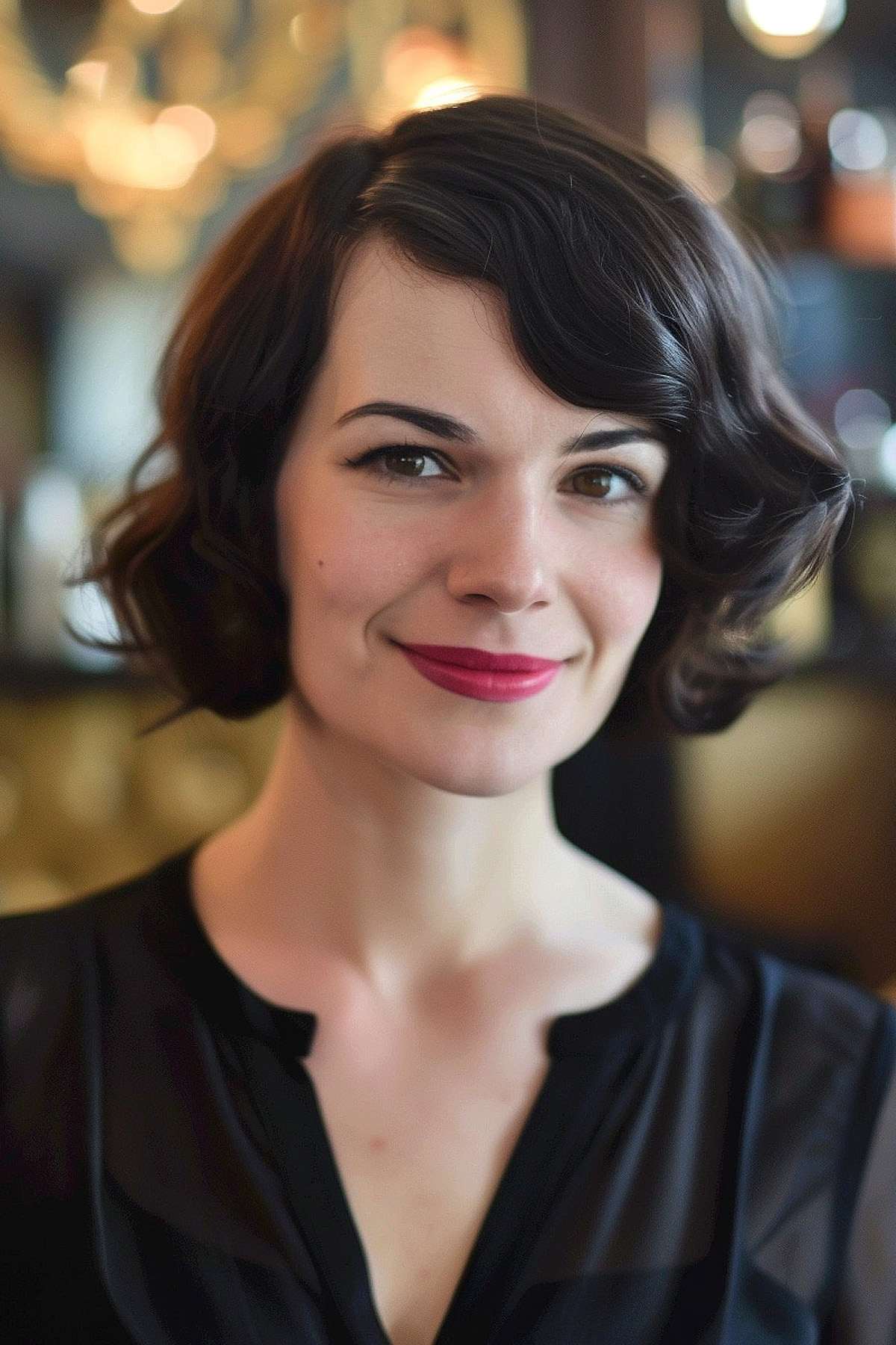 Chanel bob haircut with a deep side part and glossy, dark hair.