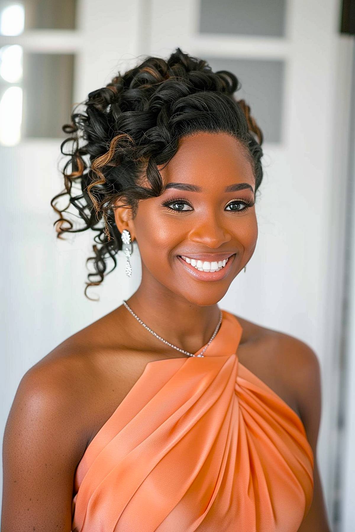 Bridesmaid updo for naturally curly hair with face-framing curls