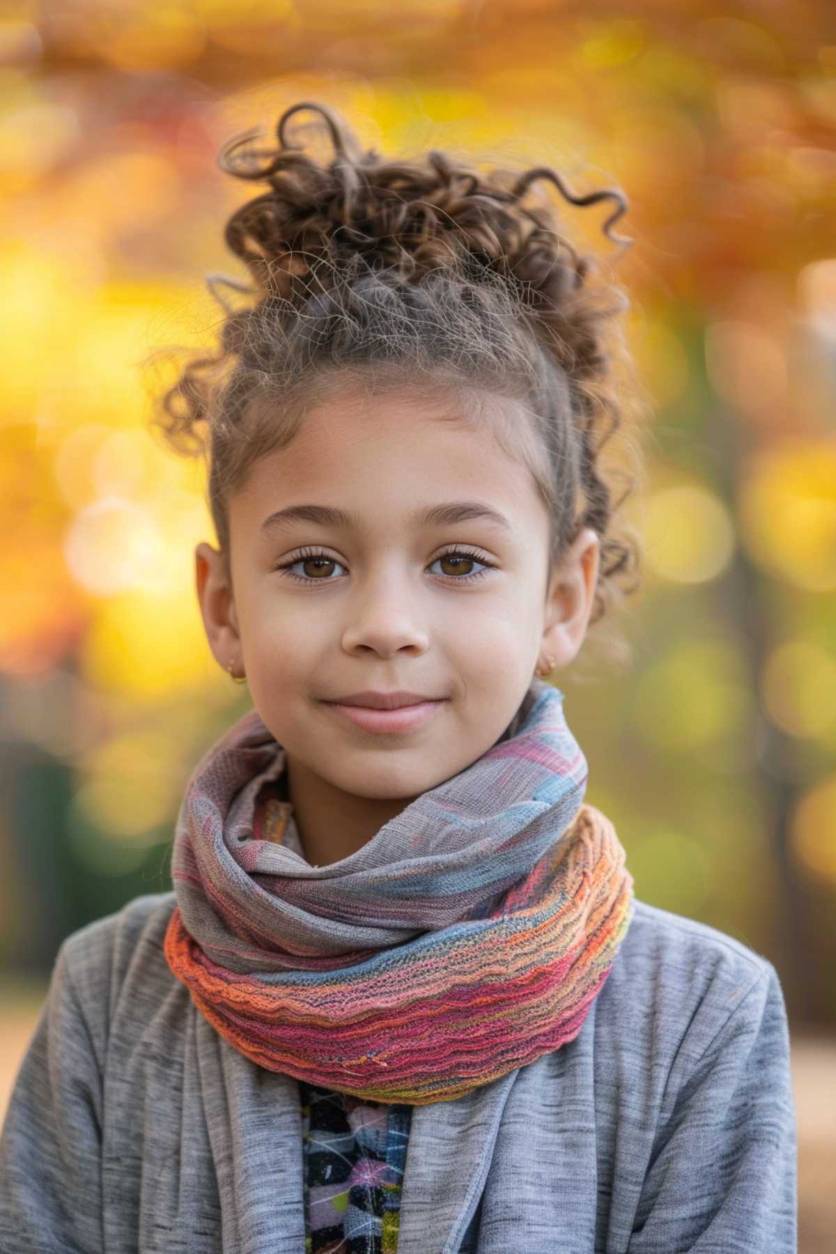 Young girl with curly hair in a high bun, wearing a colorful scarf