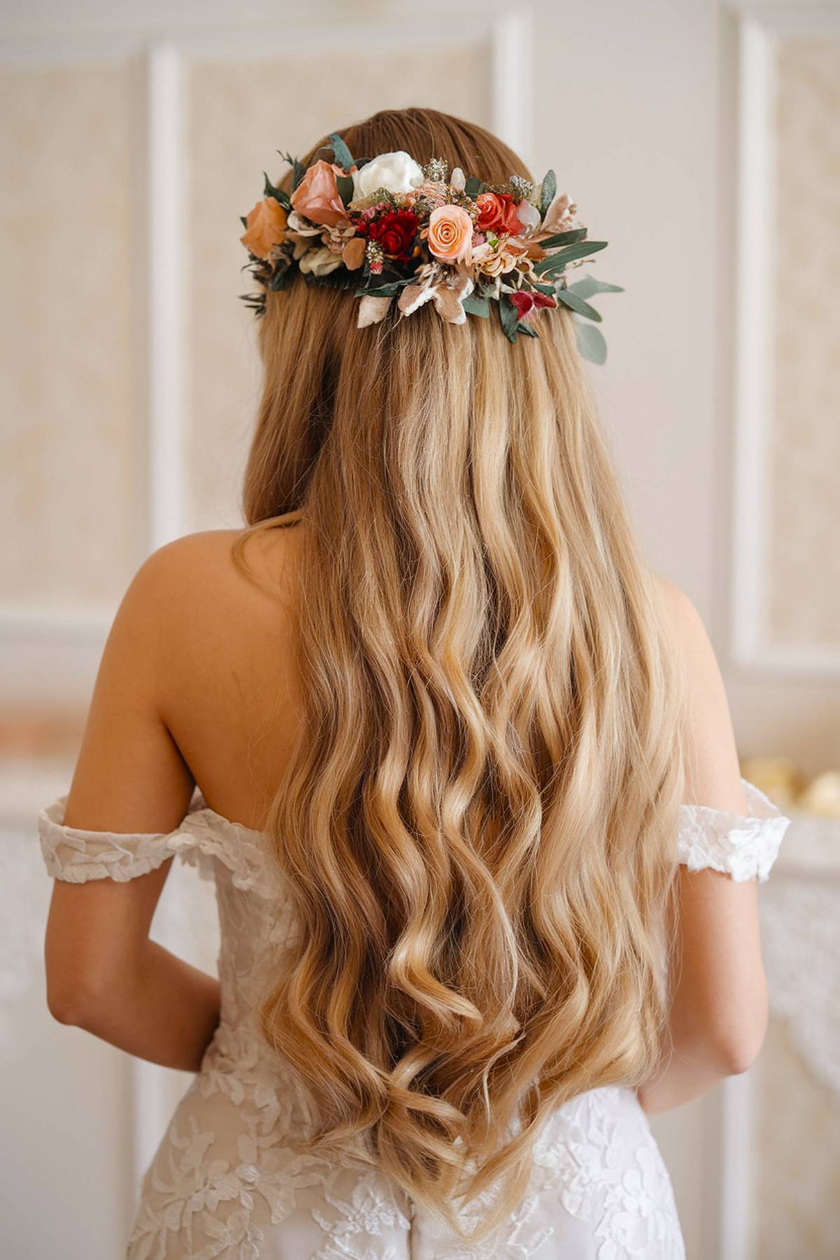 Half-up wedding hair with floral crown