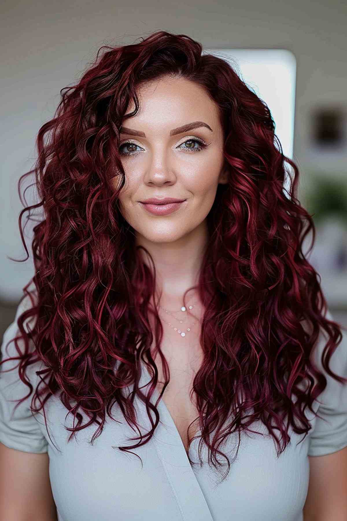 Curly hair with cherry black color.