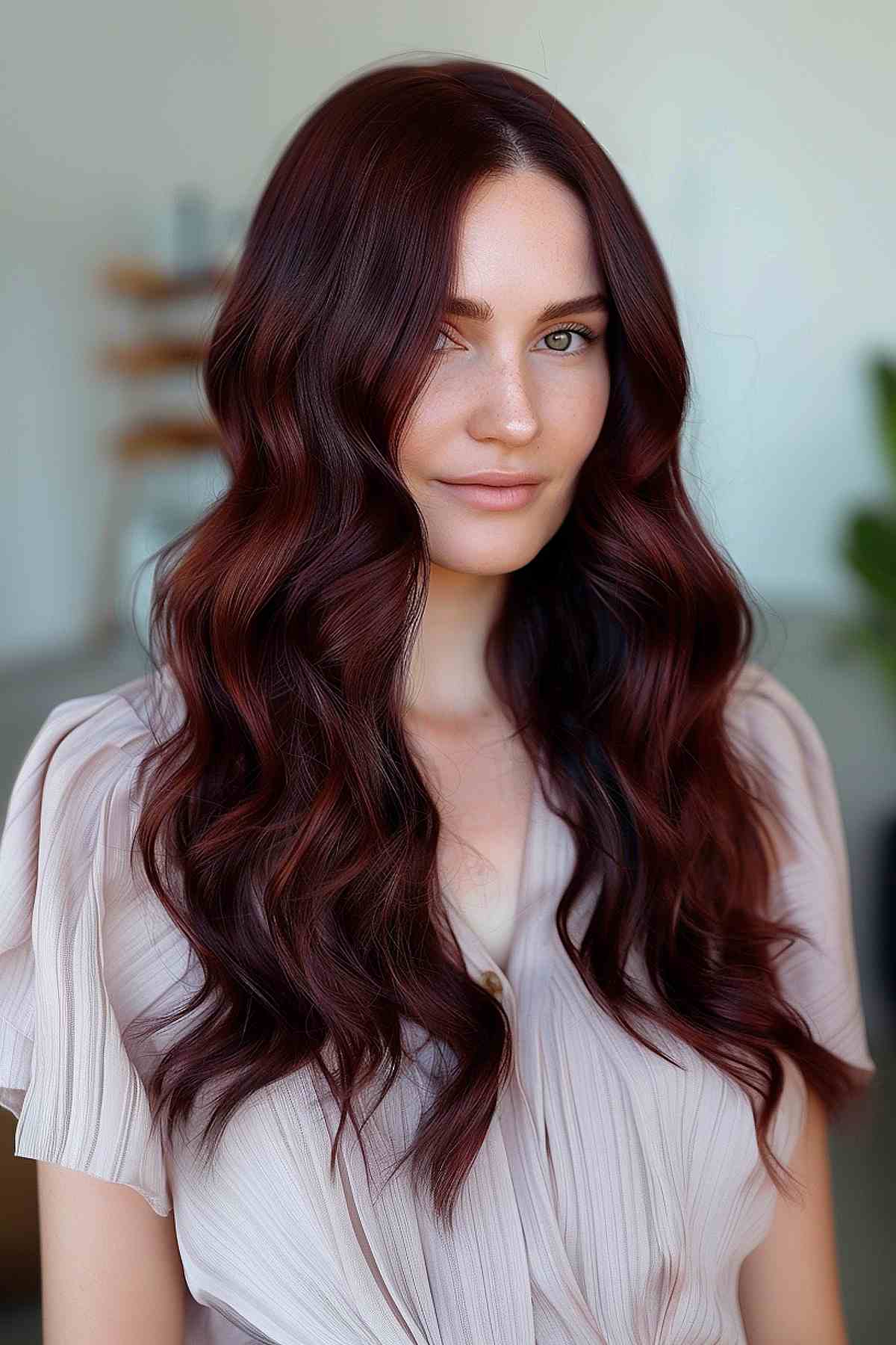 Long wavy hair with cherry black color over dark brown base.