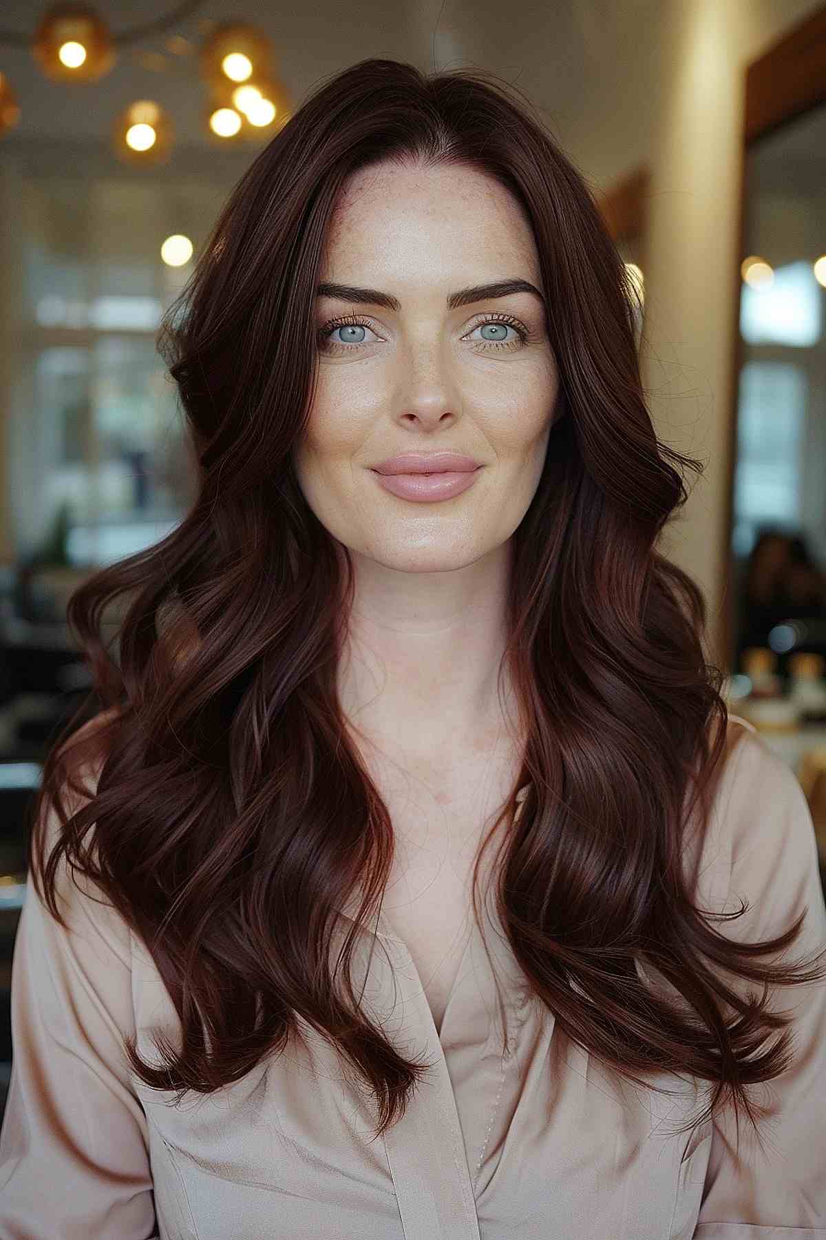 Cherry brown hair with soft waves.