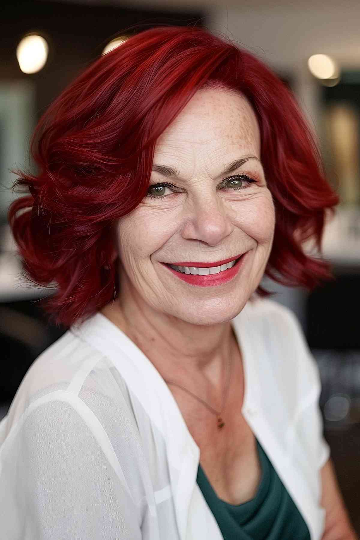 Cherry red hair with layered waves, suitable for women over 60 looking for a vibrant style.