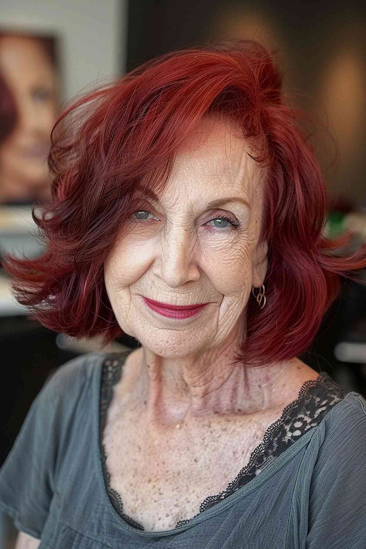 Soft cherry red hair with gentle waves, perfect for women over 70.