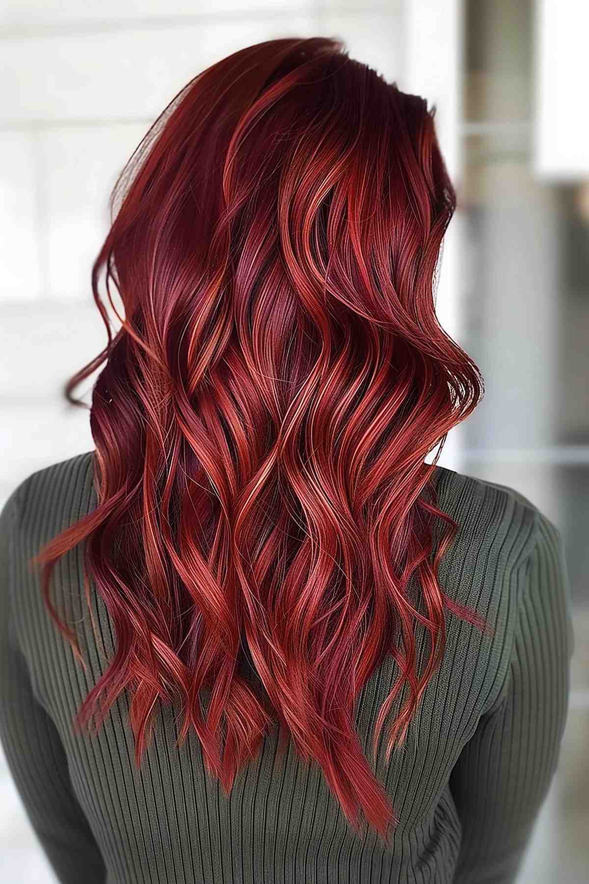 Cherry red hair mixed with brown highlights for added depth and lower maintenance.