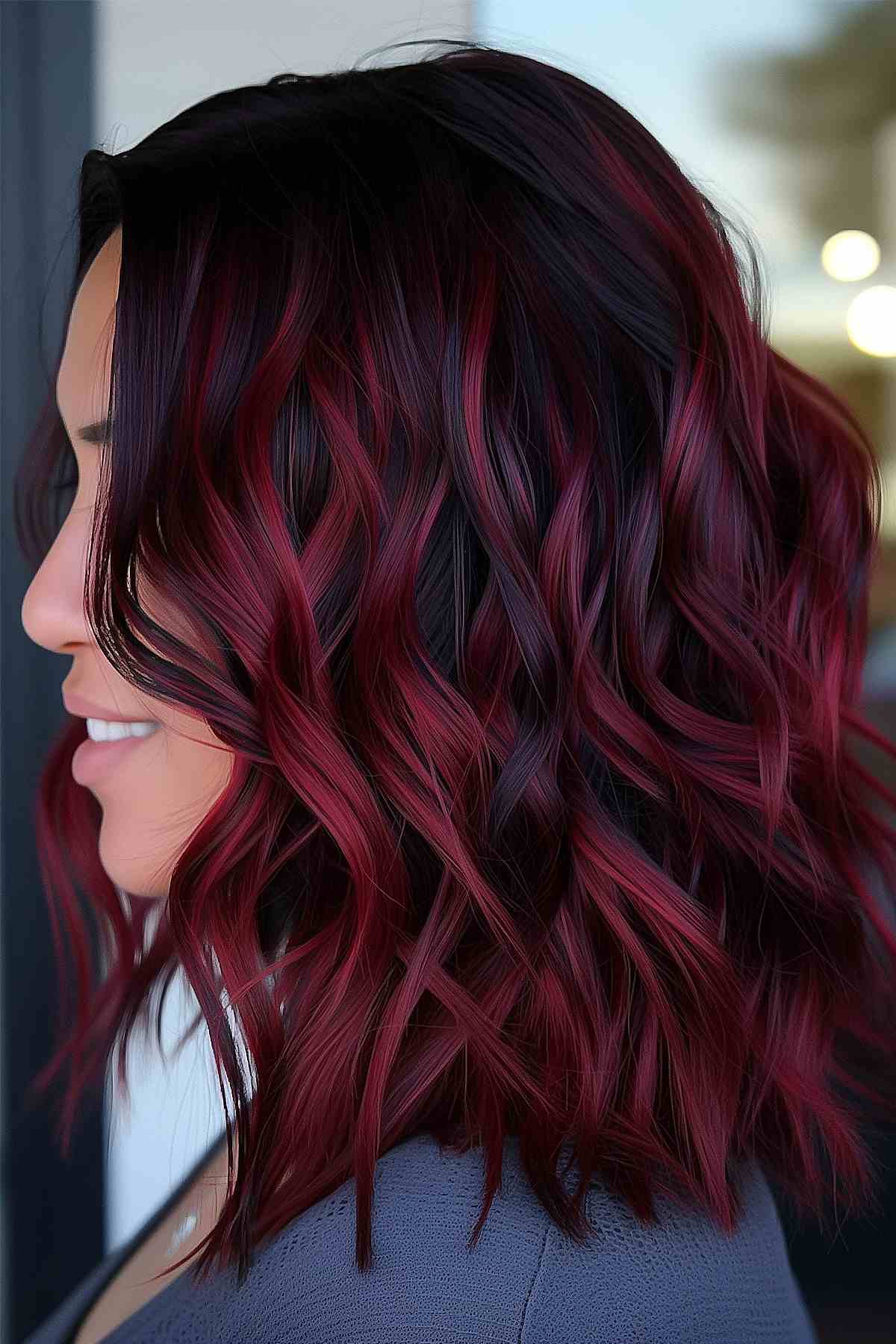 Cherry red hair with dark roots for an edgy, low-maintenance look.