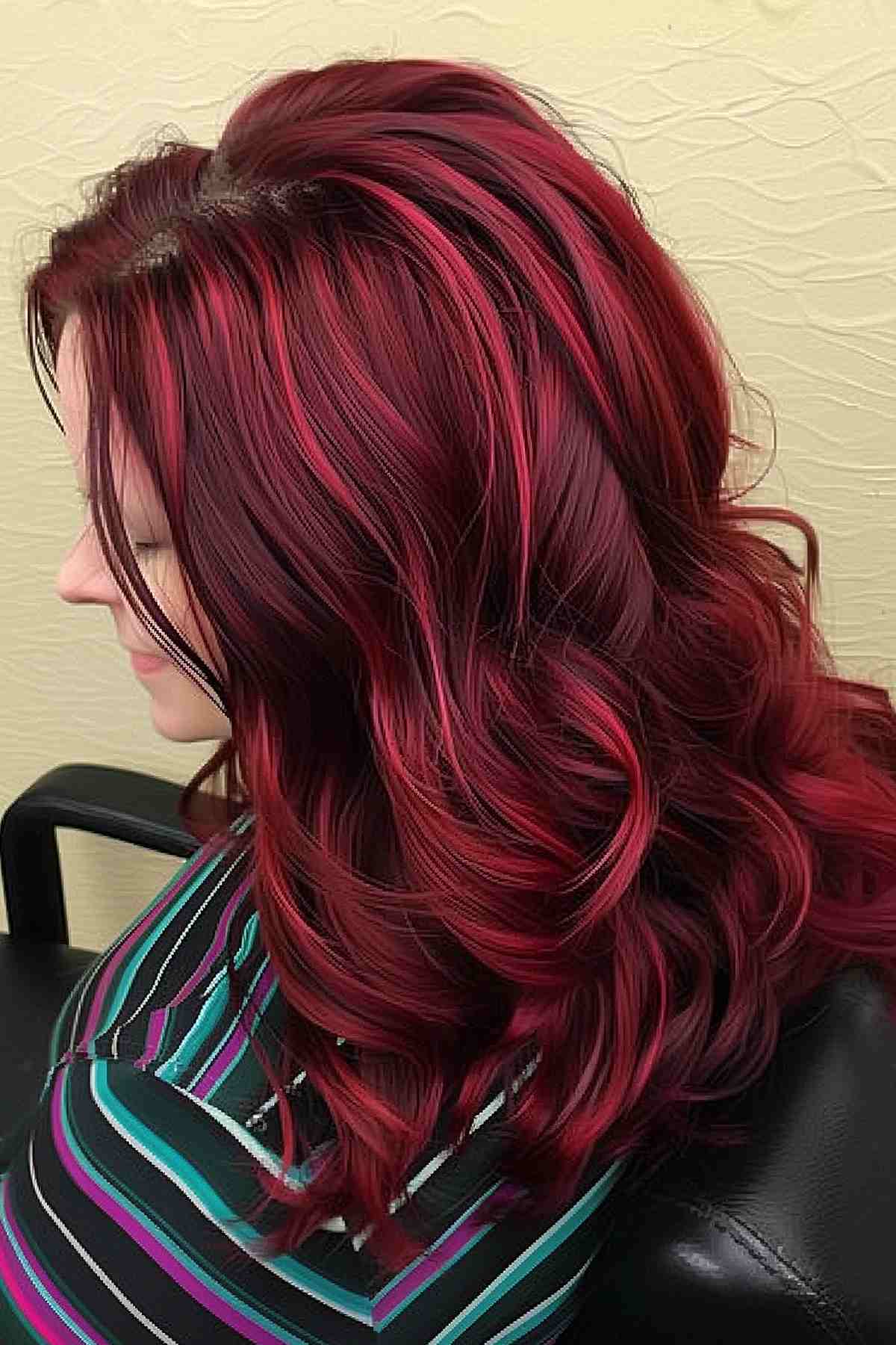 Medium-length cherry red hair with subtle highlights and side-swept styling.
