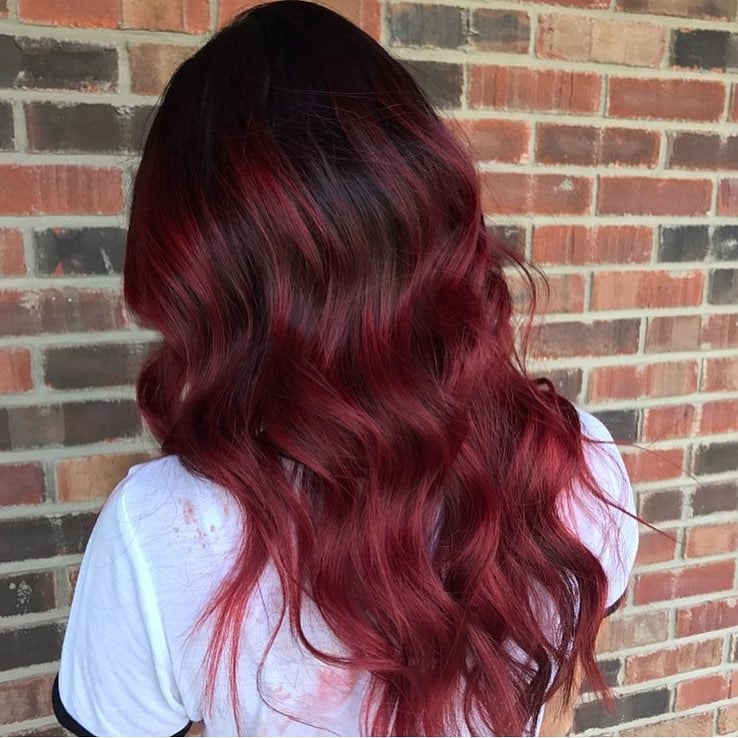 Effortless Cherry Red Highlights on Dark Brown Hair
