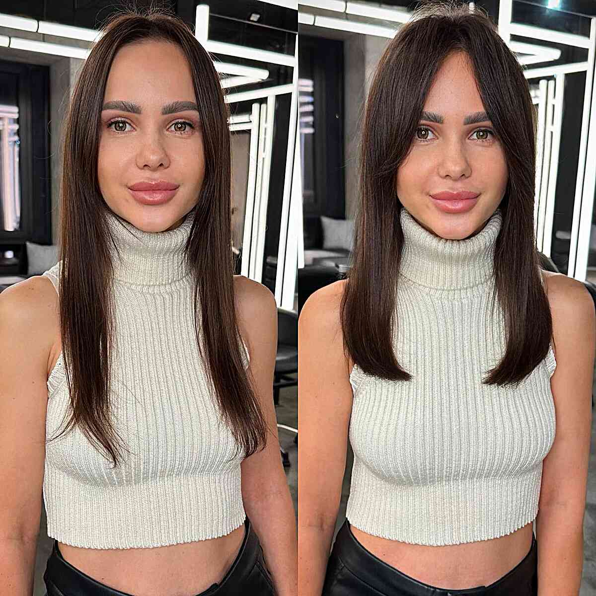 Chest-Length Straight Cut with Curtain Fringe for Big Foreheads