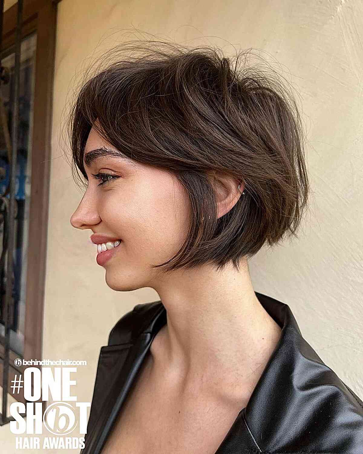 Chestnut Brown Bixie Cut with Layers with curtain fringe