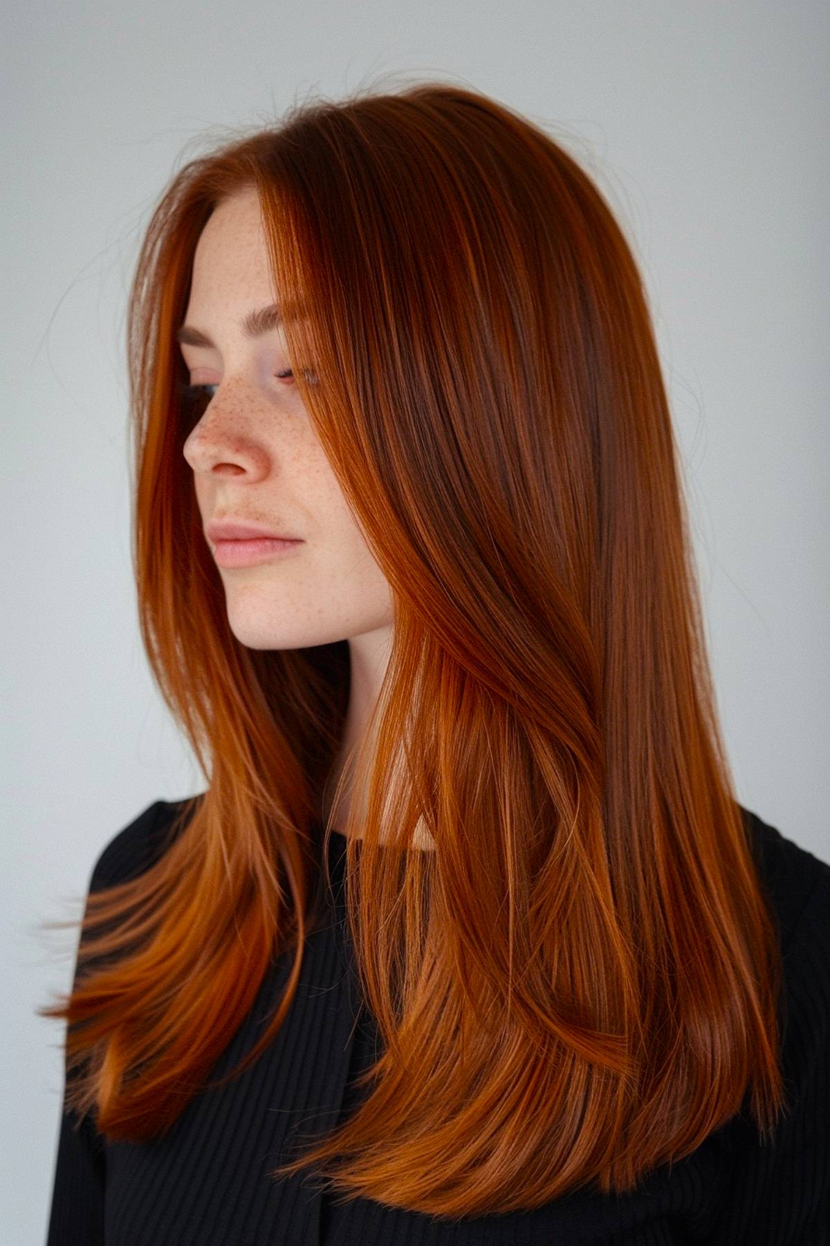 Chestnut brown hair color with a silky straight finish