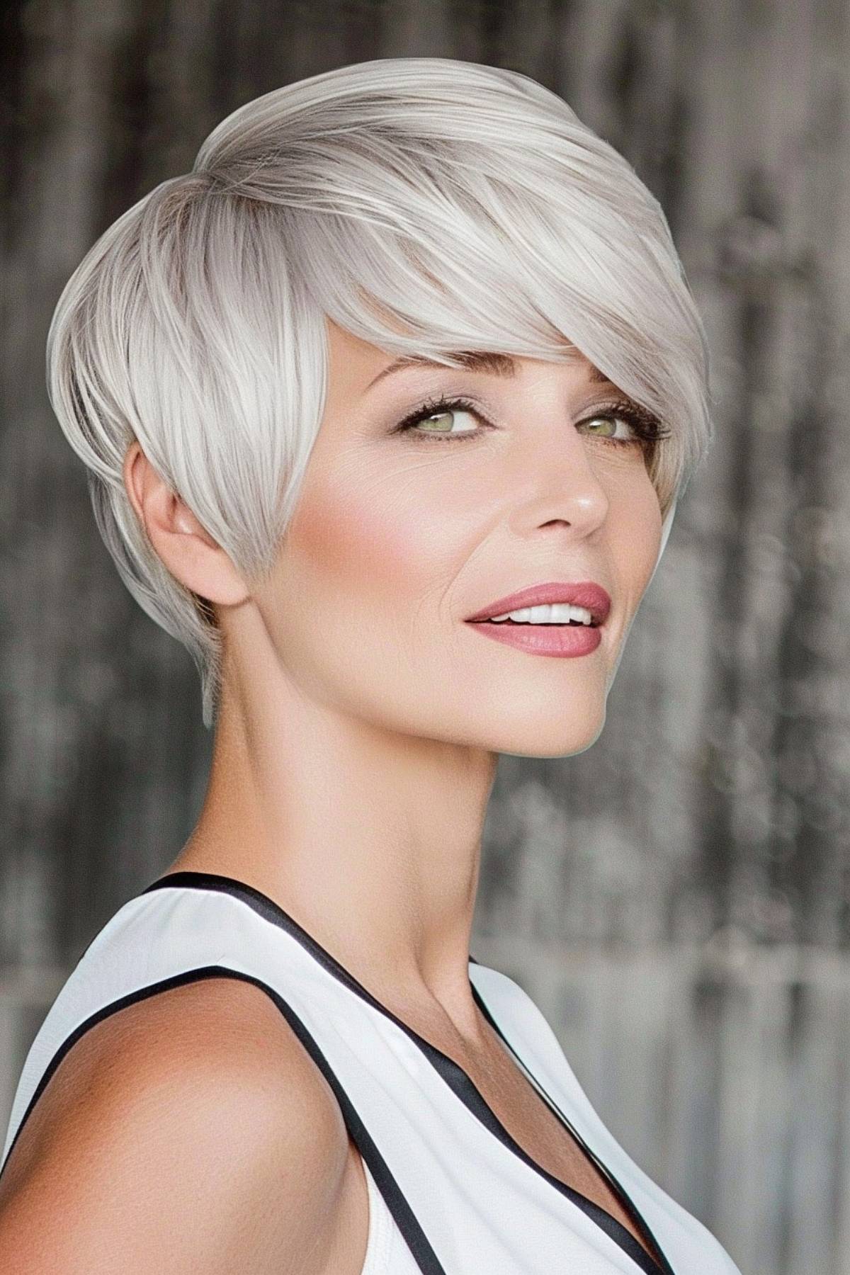 A chic angled pixie cut for women over 60, it exudes timeless elegance and is easy to style.