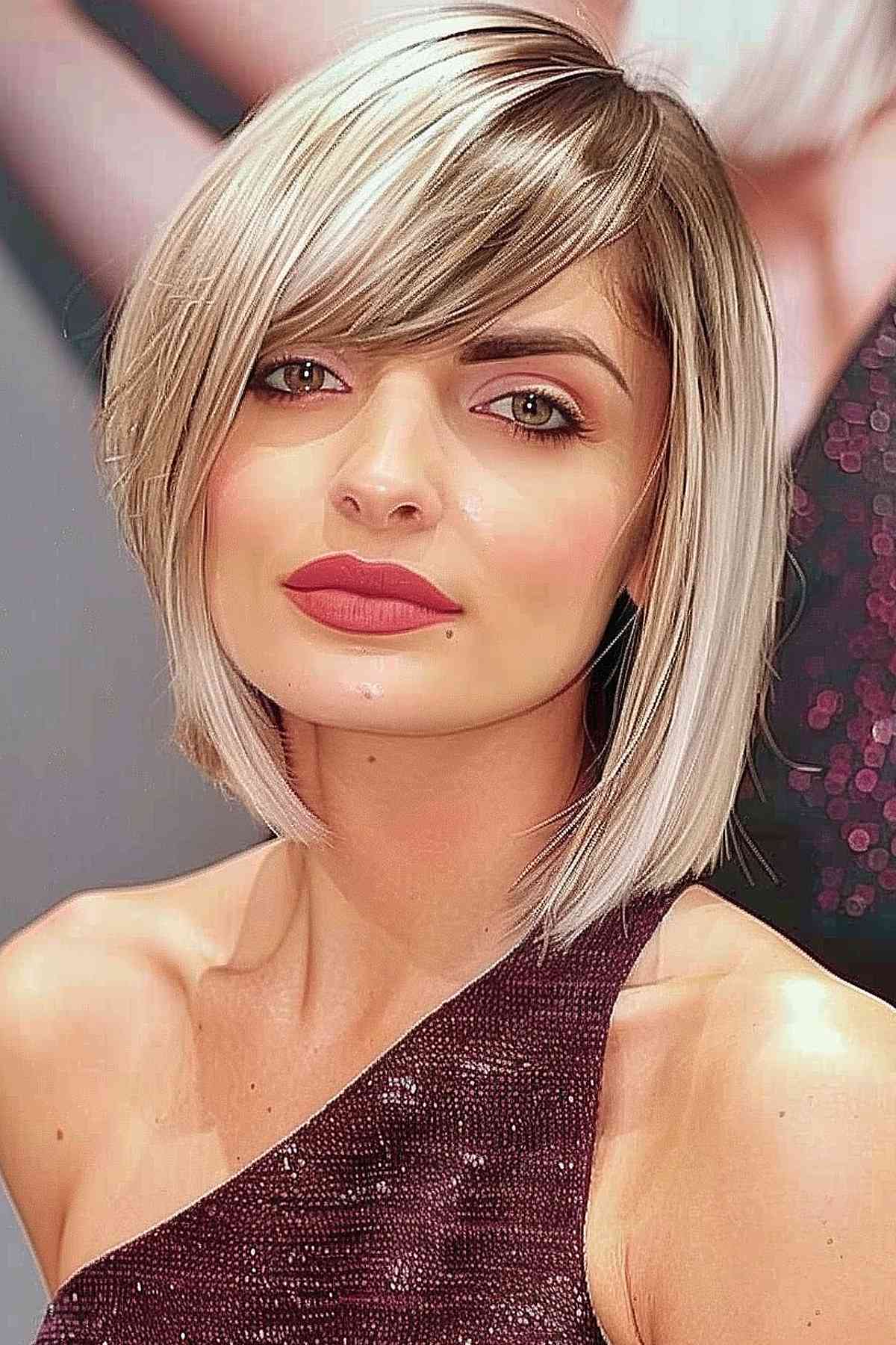 Woman sporting a chic asymmetric lob with side-swept bangs, perfect for medium to thick hair types, emphasizing a sleek, polished look. 