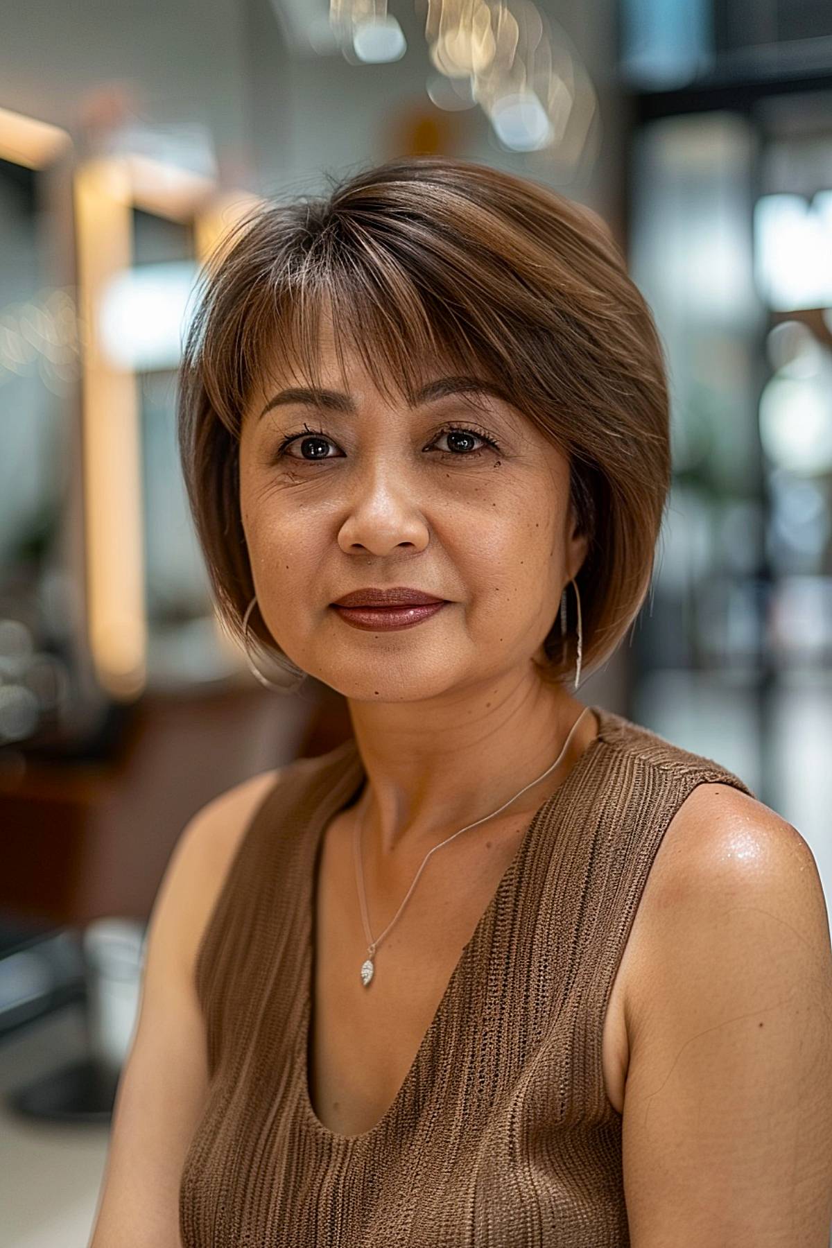 Layered bob with bangs for older Asian women